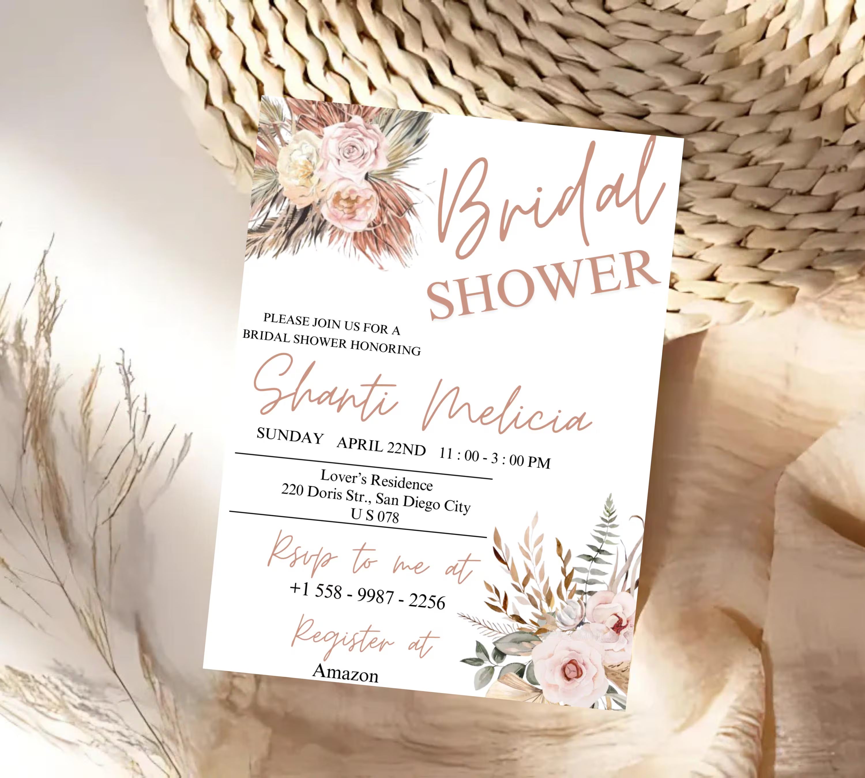 Editable Boho Bridal Shower Invitation, Rose Wildflower Bridal Shower Editable Invitation Template, Eucalyptus Shower Invite, Printable