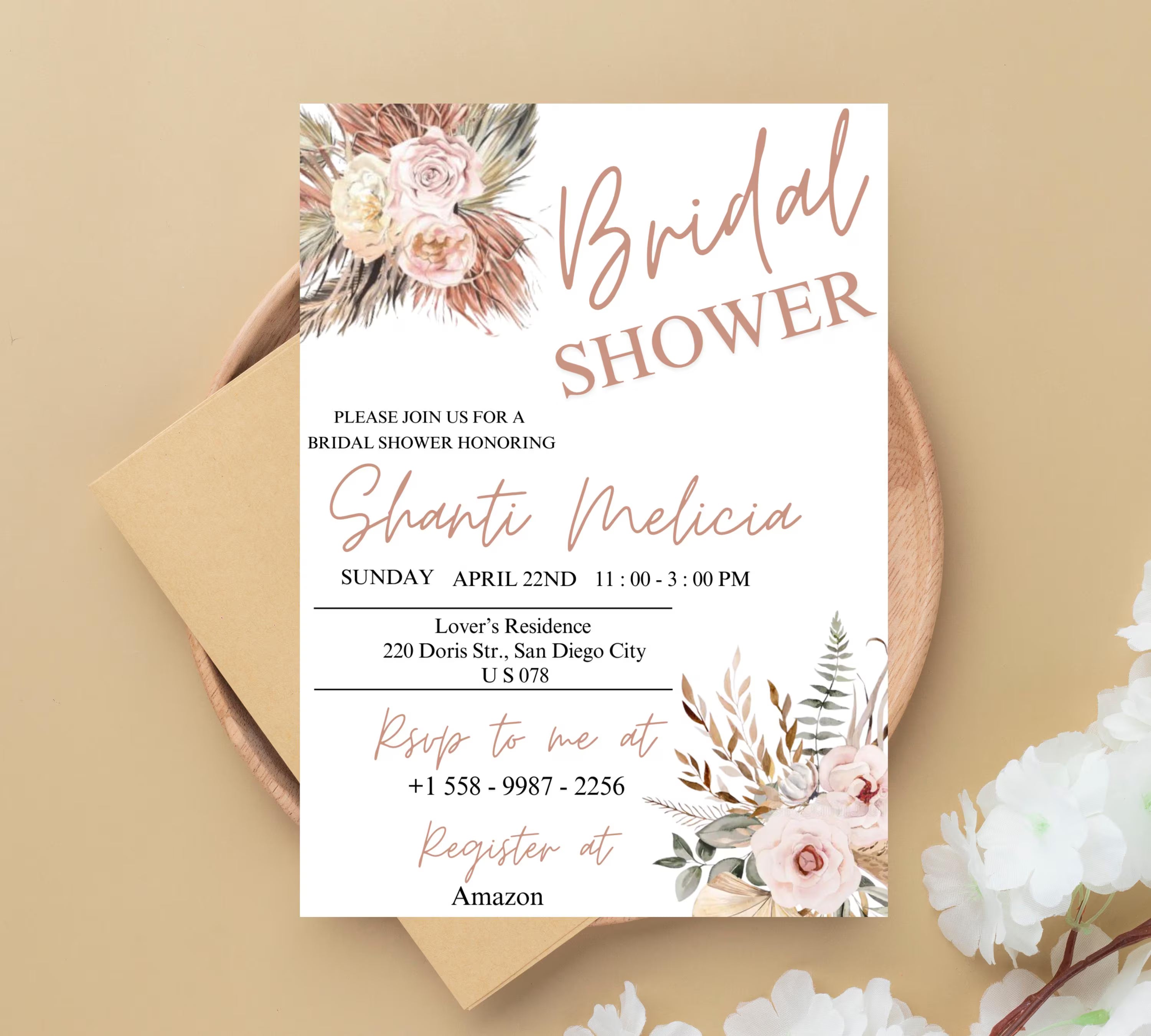 Editable Boho Bridal Shower Invitation, Rose Wildflower Bridal Shower Editable Invitation Template, Eucalyptus Shower Invite, Printable