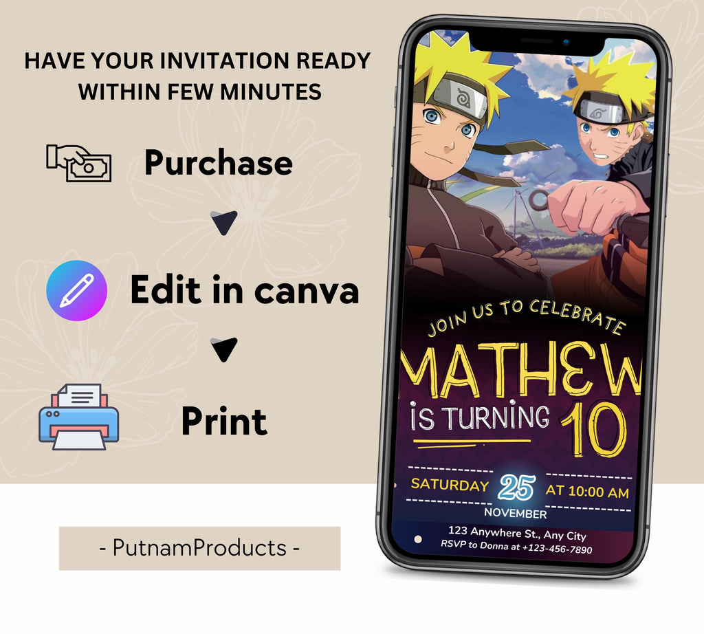 Naruto Birthday Invitation| Digital Birthday Party Invitation| Digital Bday Party Invite| Kids Birthday Invitation| Game Editable Template