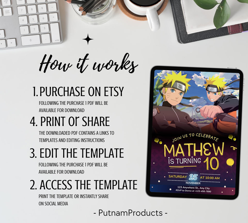 Naruto Birthday Invitation| Digital Birthday Party Invitation| Digital Bday Party Invite| Kids Birthday Invitation| Game Editable Template