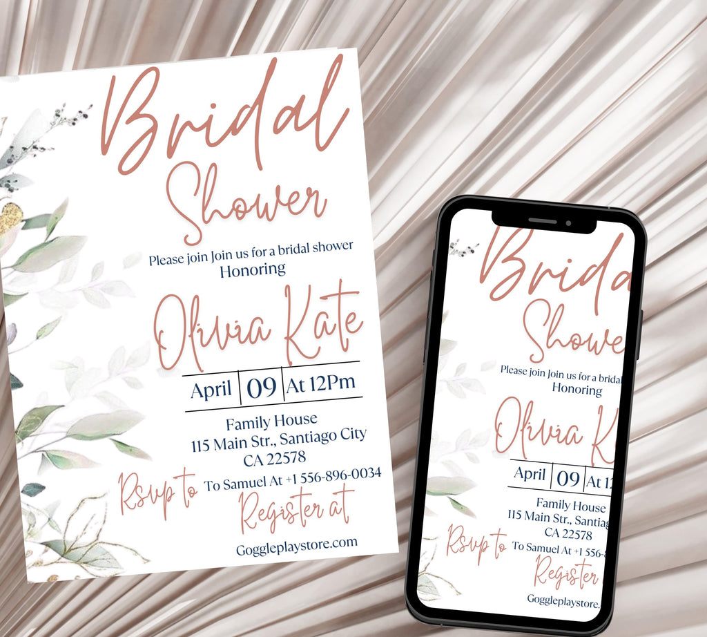 Editable Eucalyptus Bridal Shower Invitation Template, Bridal Shower Invite,Garden, beige Flower Bridal shower invite, Greenery Invite