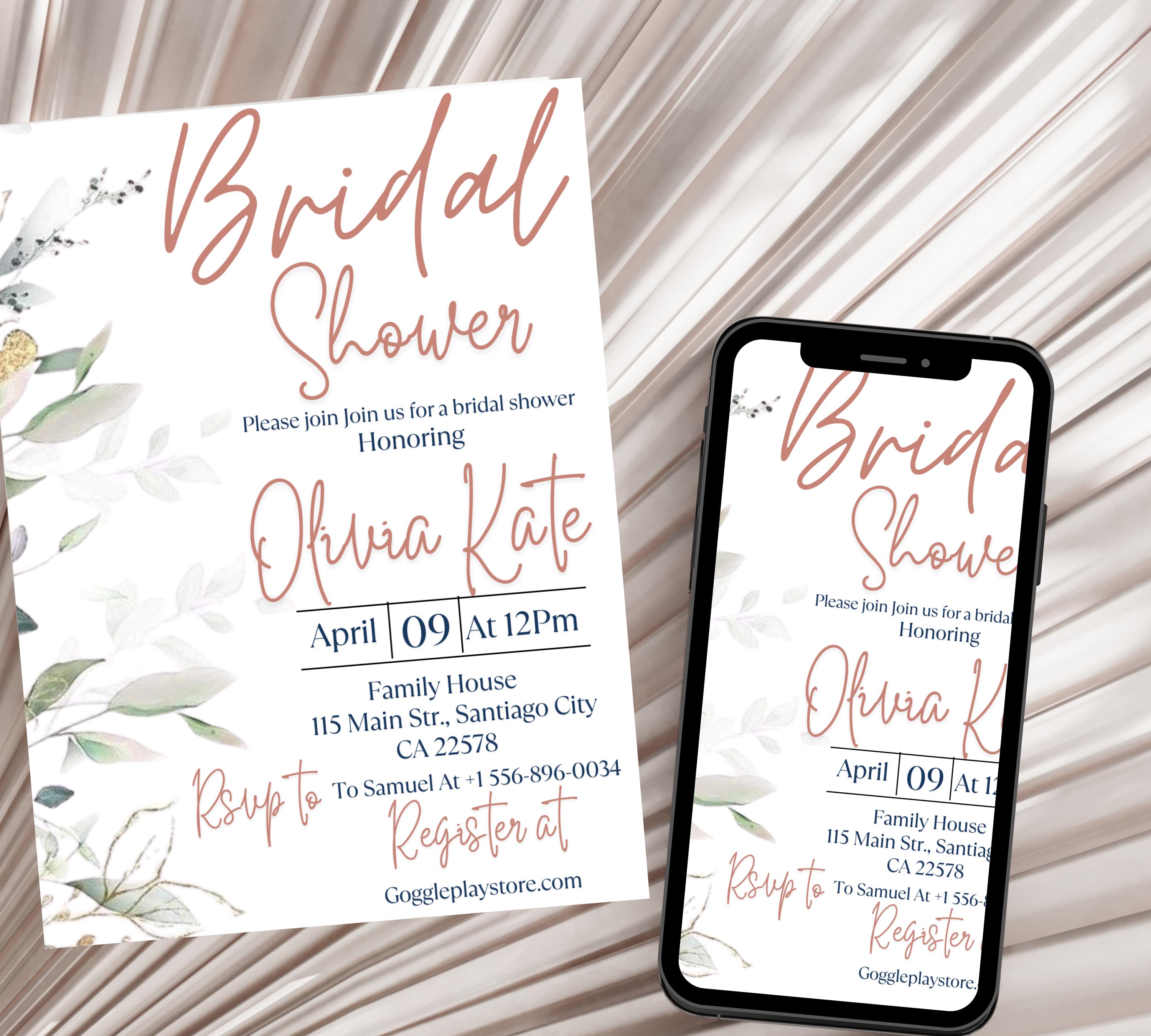 Editable Eucalyptus Bridal Shower Invitation Template, Bridal Shower Invite,Garden, beige Flower Bridal shower invite, Greenery Invite