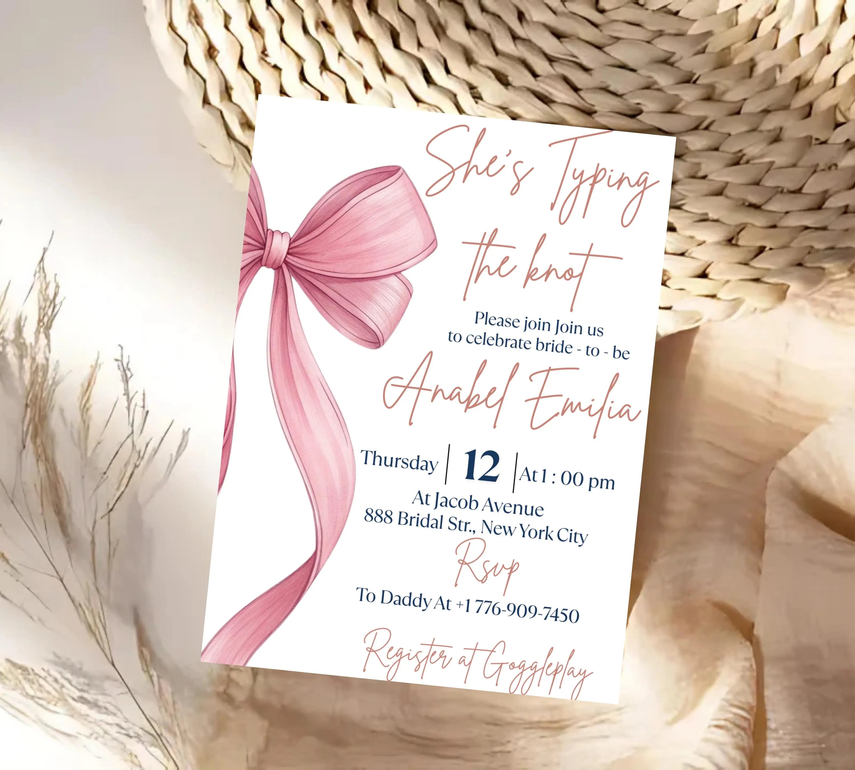 She's Tying the Knot Bridal Shower, EDITABLE Pink Bow Bridal Shower Invitation, Minimalist Bridal Shower Blush Pink invite, Dusty Pink Bow