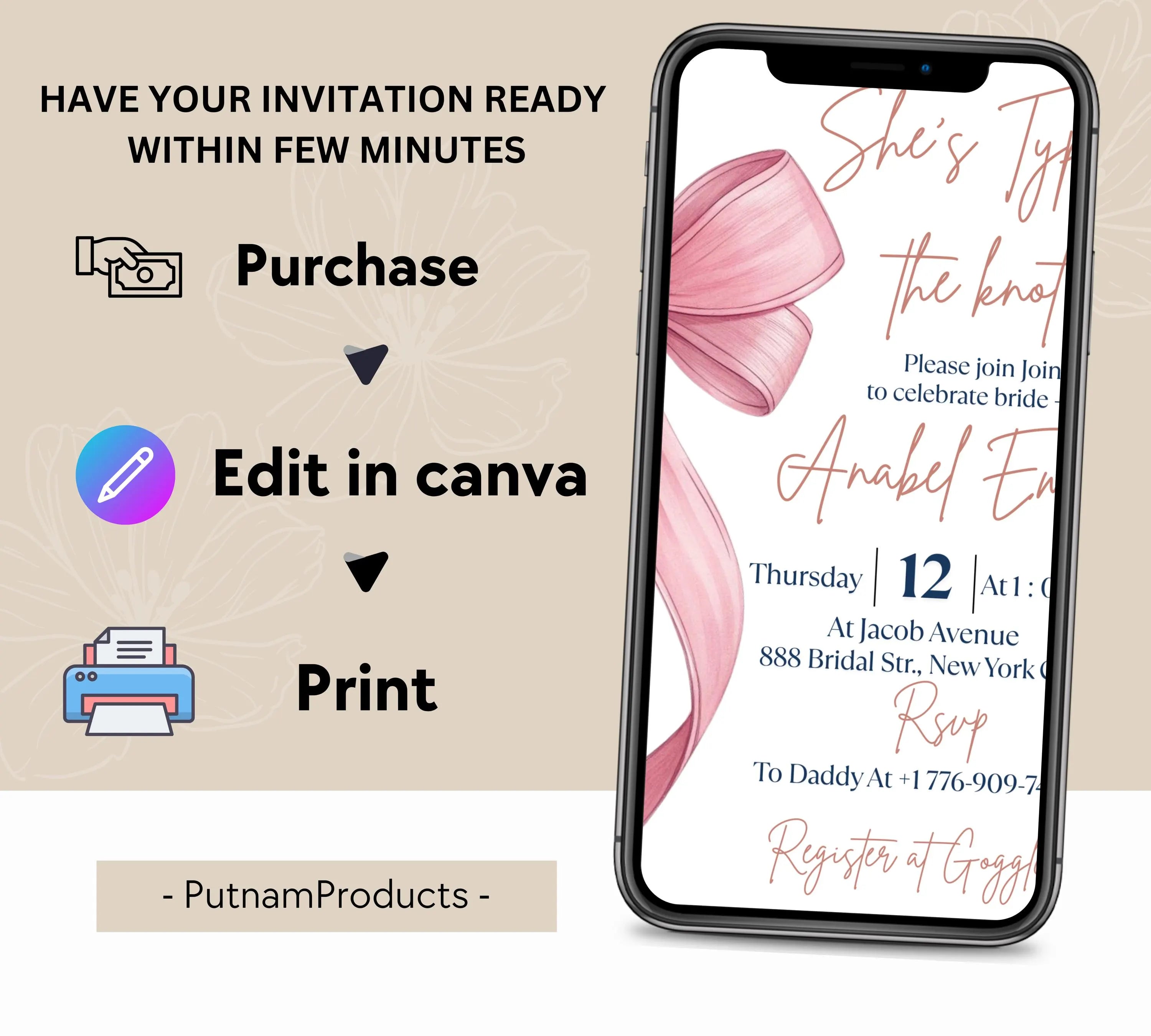 She's Tying the Knot Bridal Shower, EDITABLE Pink Bow Bridal Shower Invitation, Minimalist Bridal Shower Blush Pink invite, Dusty Pink Bow