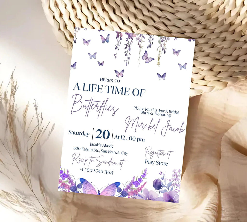 Butterfly Bridal Shower Invitation, Lifetime of Butterflies Bridal Shower Invite, Printable Wildflower Butterfly Floral Party Invitation