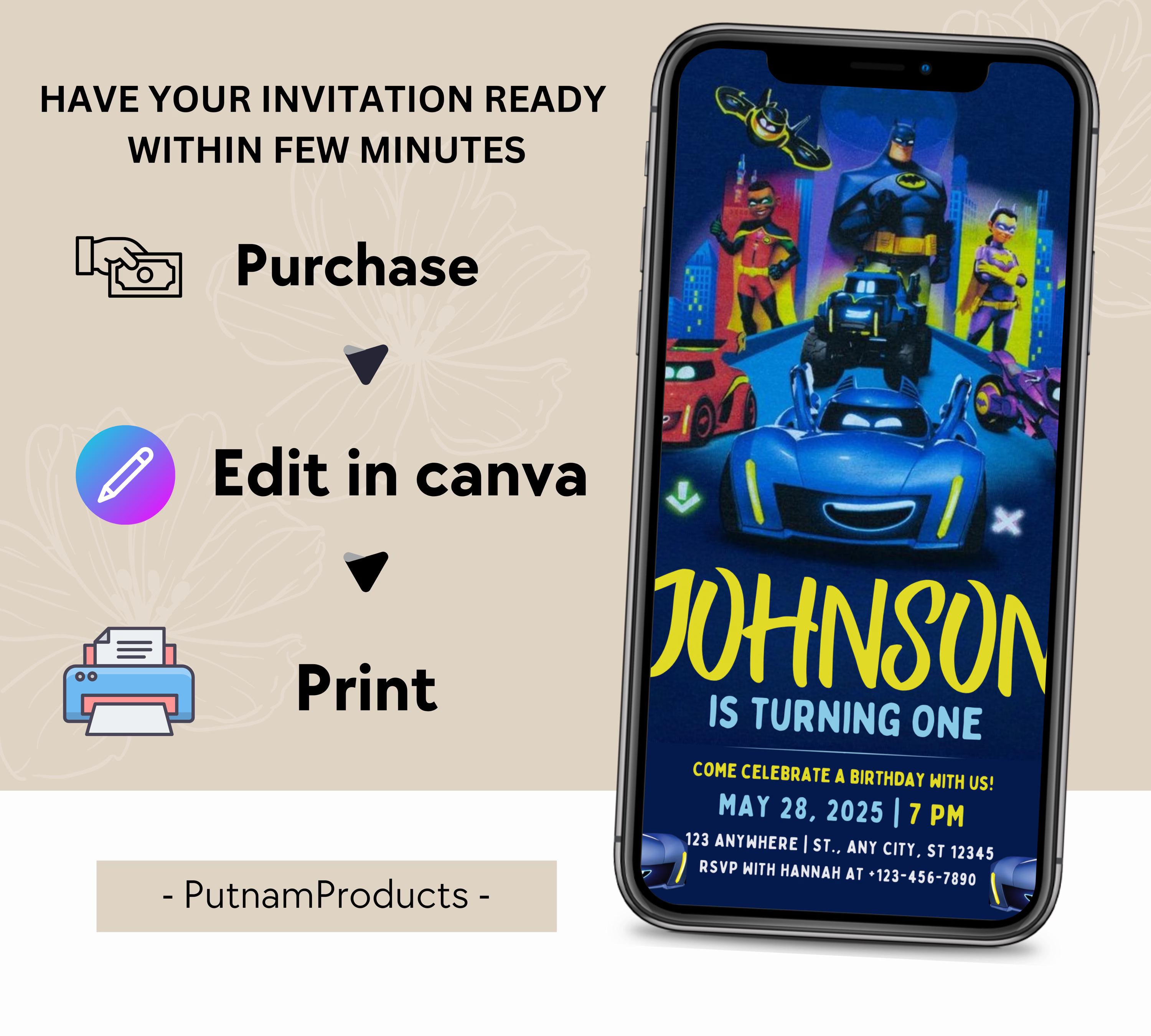 Printable Birthday Invitation|  Digital Birthday Invitation| Editable Digital Invitation| Superhero Invitation| Kid Evite| Editable Template