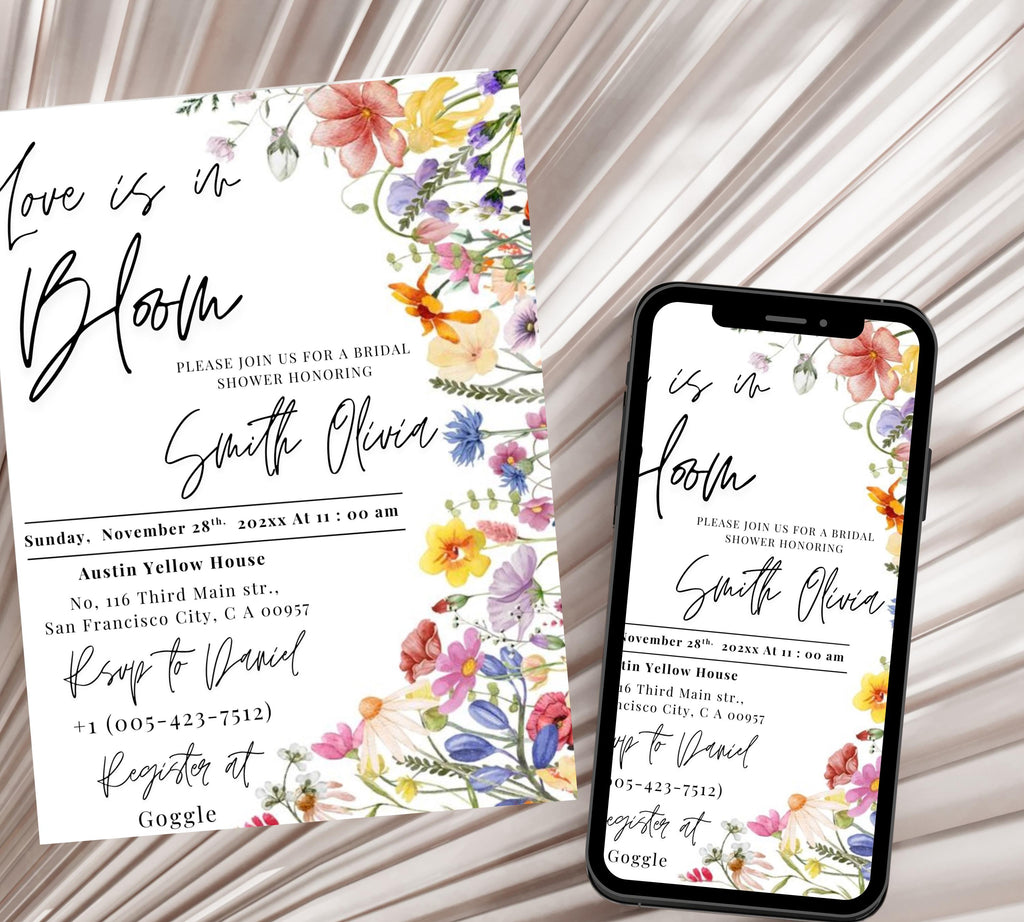 Love Is In Bloom Wildflower Bridal Shower invitation, Bridal Shower Invitation, Spring Bridal Shower Invite, Floral Love in Bloom Template