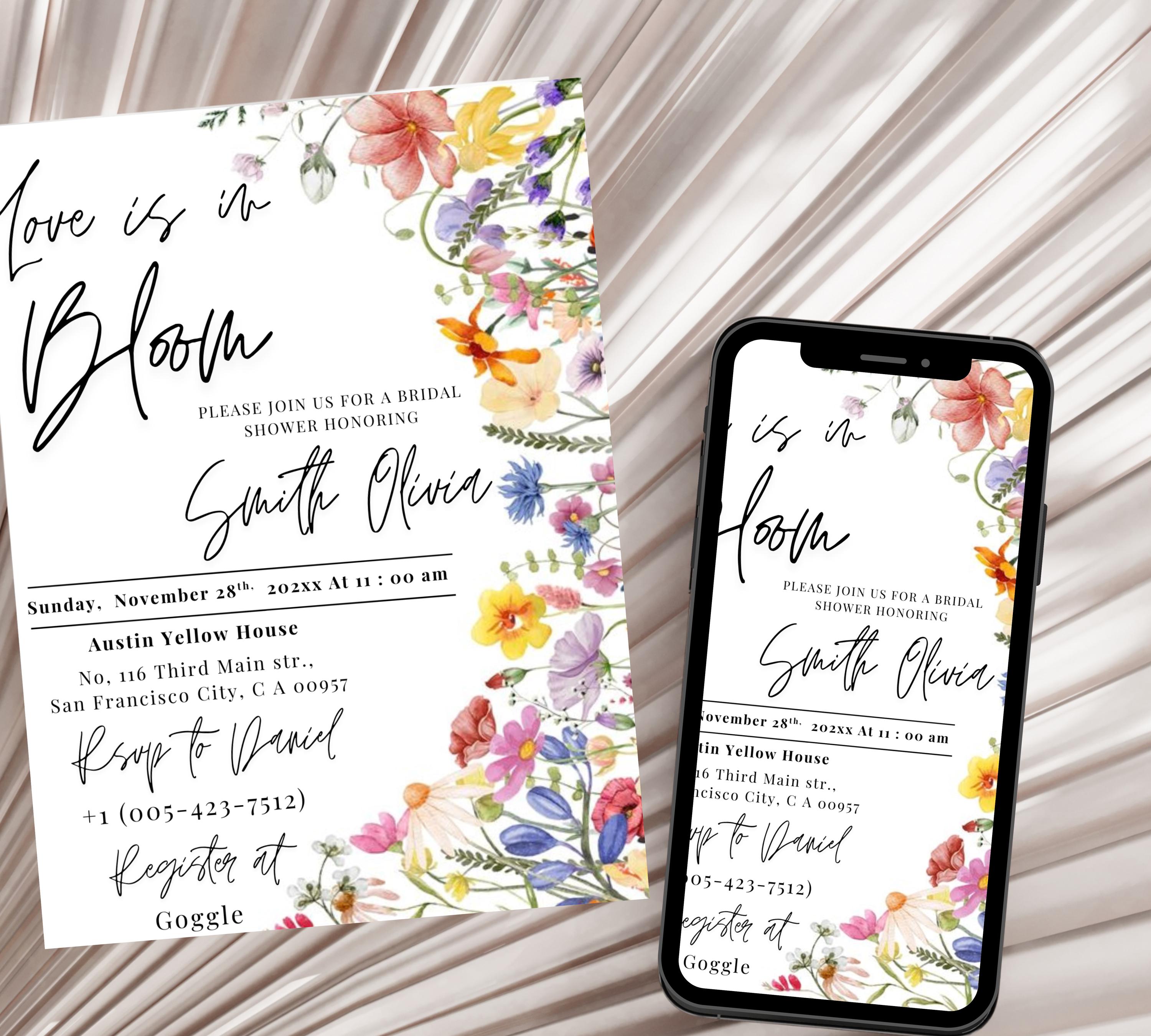 Love Is In Bloom Wildflower Bridal Shower invitation, Bridal Shower Invitation, Spring Bridal Shower Invite, Floral Love in Bloom Template