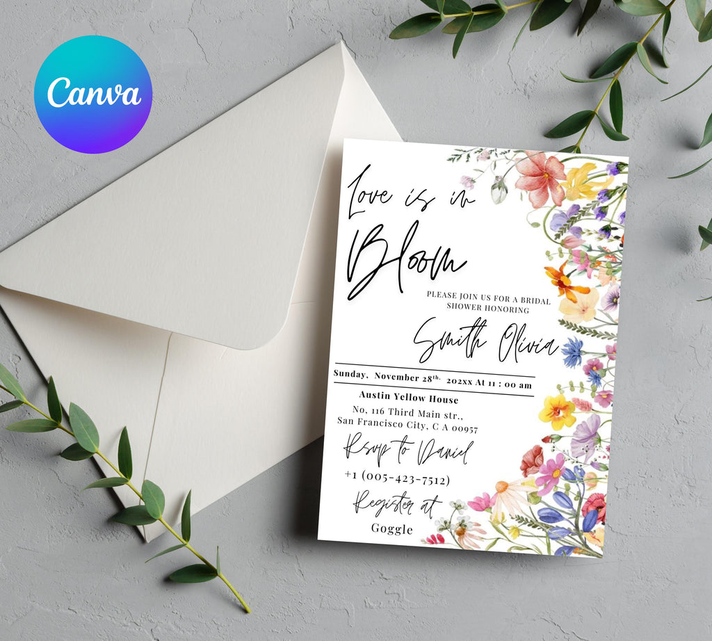 Love Is In Bloom Wildflower Bridal Shower invitation, Bridal Shower Invitation, Spring Bridal Shower Invite, Floral Love in Bloom Template