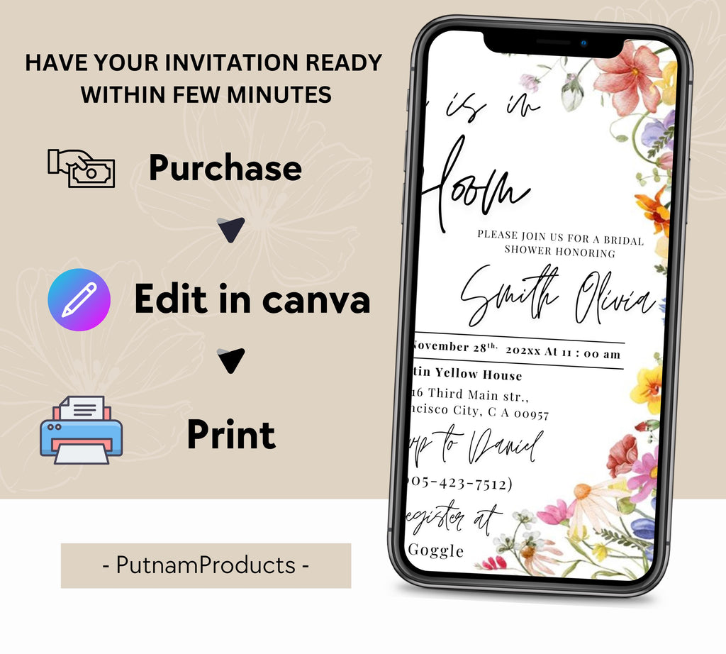 Love Is In Bloom Wildflower Bridal Shower invitation, Bridal Shower Invitation, Spring Bridal Shower Invite, Floral Love in Bloom Template