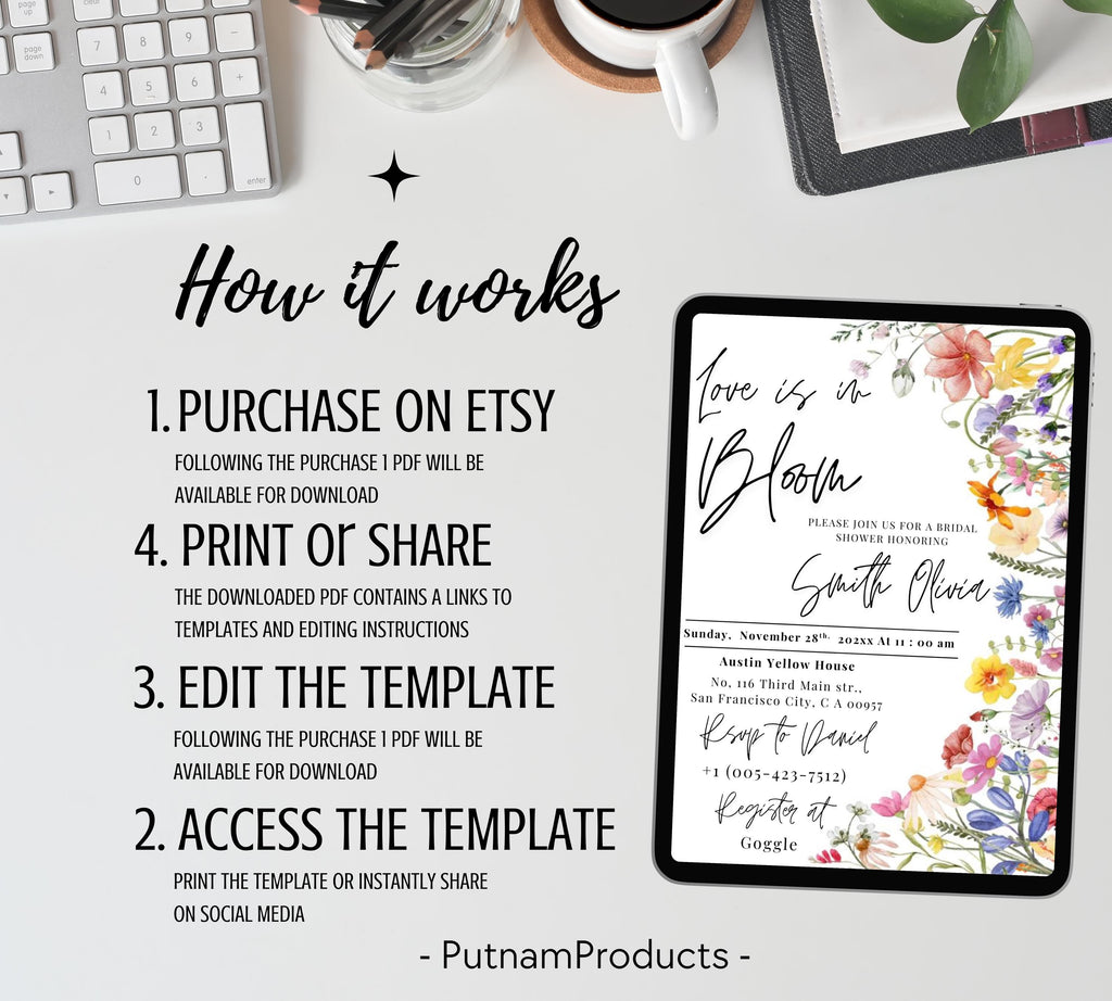 Love Is In Bloom Wildflower Bridal Shower invitation, Bridal Shower Invitation, Spring Bridal Shower Invite, Floral Love in Bloom Template