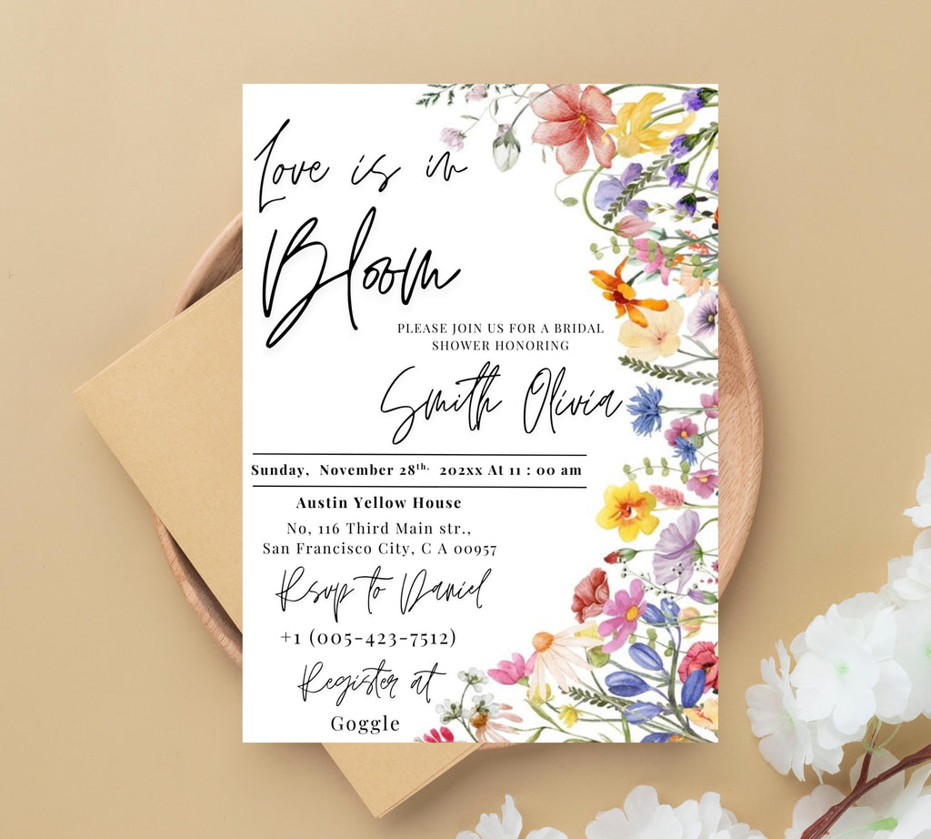 Love Is In Bloom Wildflower Bridal Shower invitation, Bridal Shower Invitation, Spring Bridal Shower Invite, Floral Love in Bloom Template