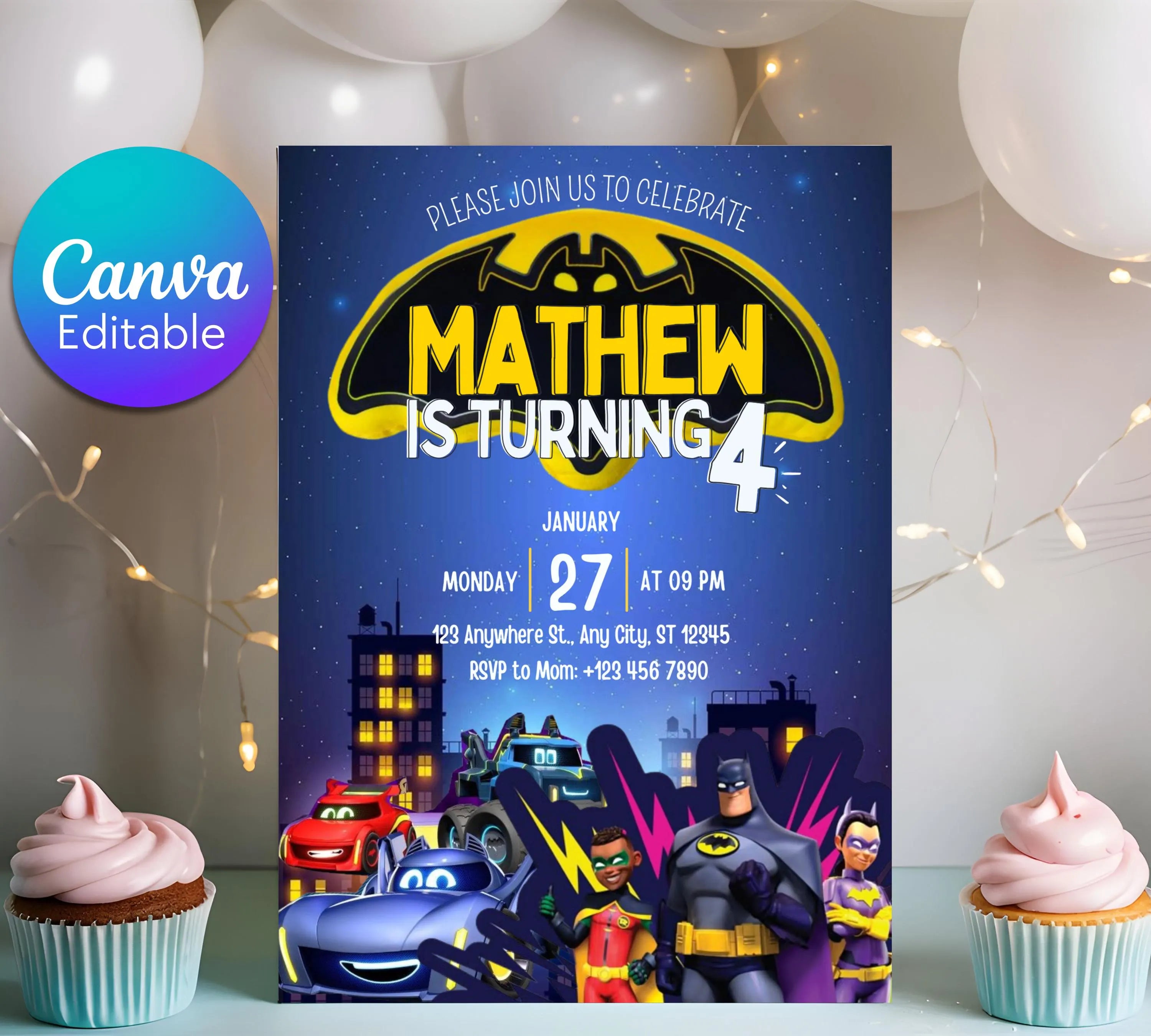 Bat Car Invitation Invitation| Superhero Birthday Invitation| Digital Printable Bat Birthday Party| Kid Birthday Invite| Editable Template