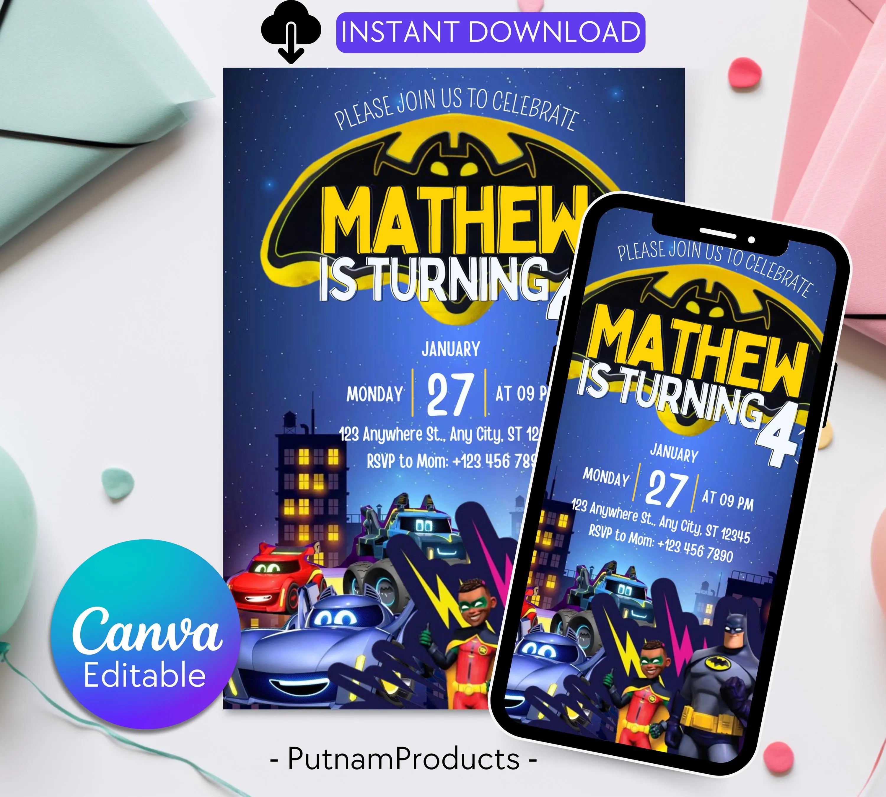 Bat Car Invitation Invitation| Superhero Birthday Invitation| Digital Printable Bat Birthday Party| Kid Birthday Invite| Editable Template