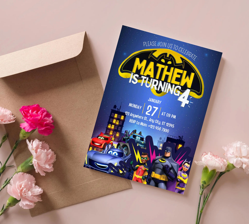 Bat Car Invitation Invitation| Superhero Birthday Invitation| Digital Printable Bat Birthday Party| Kid Birthday Invite| Editable Template