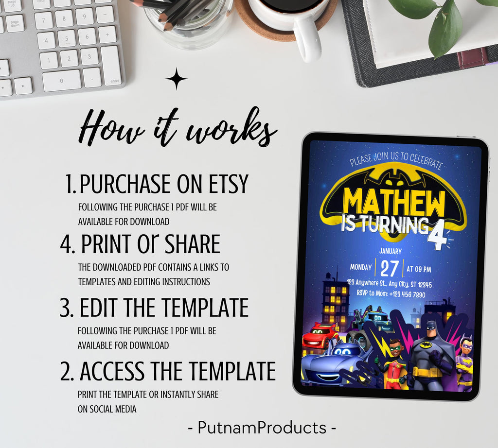 Bat Car Invitation Invitation| Superhero Birthday Invitation| Digital Printable Bat Birthday Party| Kid Birthday Invite| Editable Template