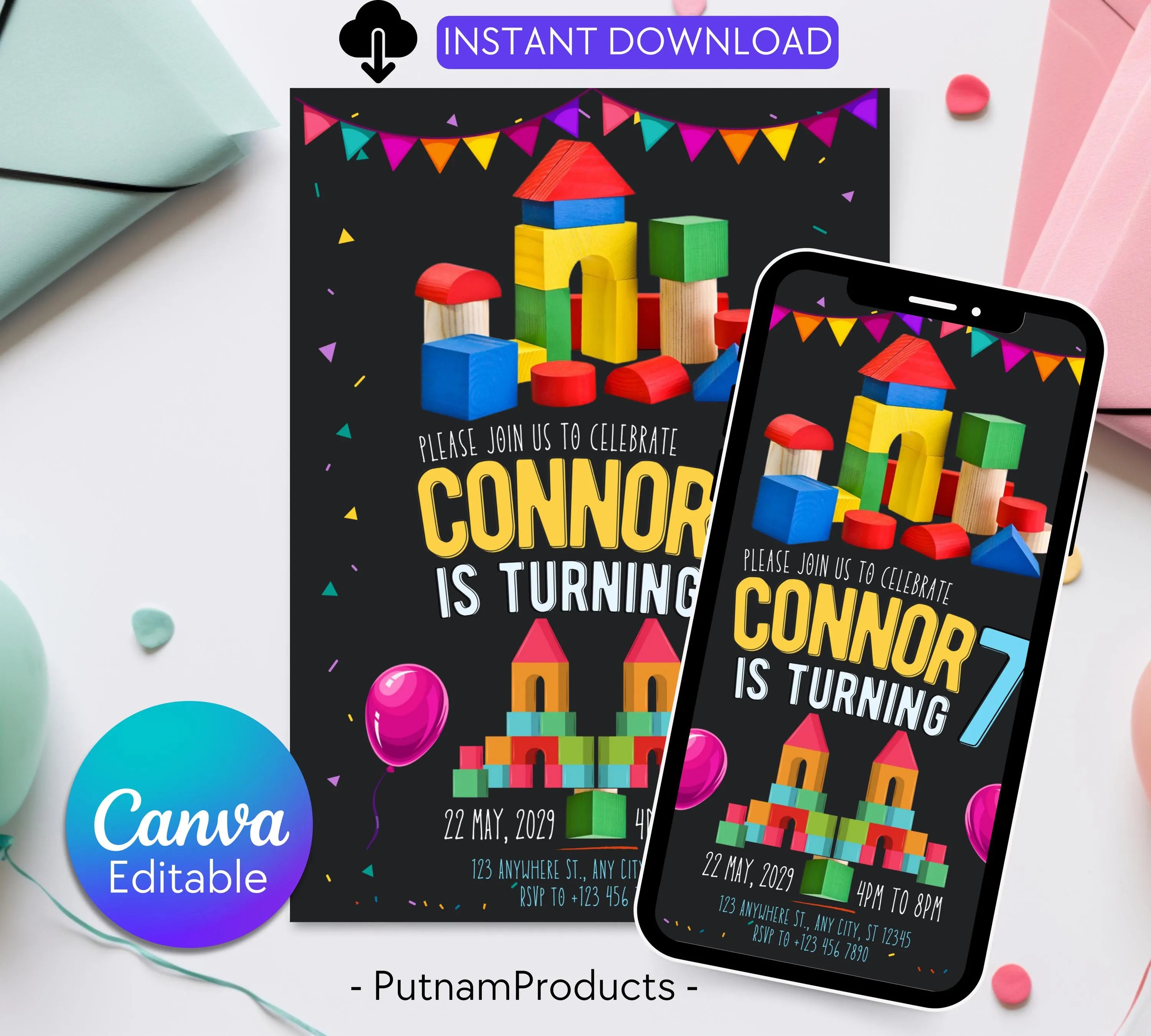 Building Blocks Birthday Invitation | Construction Theme Party Evite | Blocks Birthday Invitation| Building Bricks Invite| Editable Template