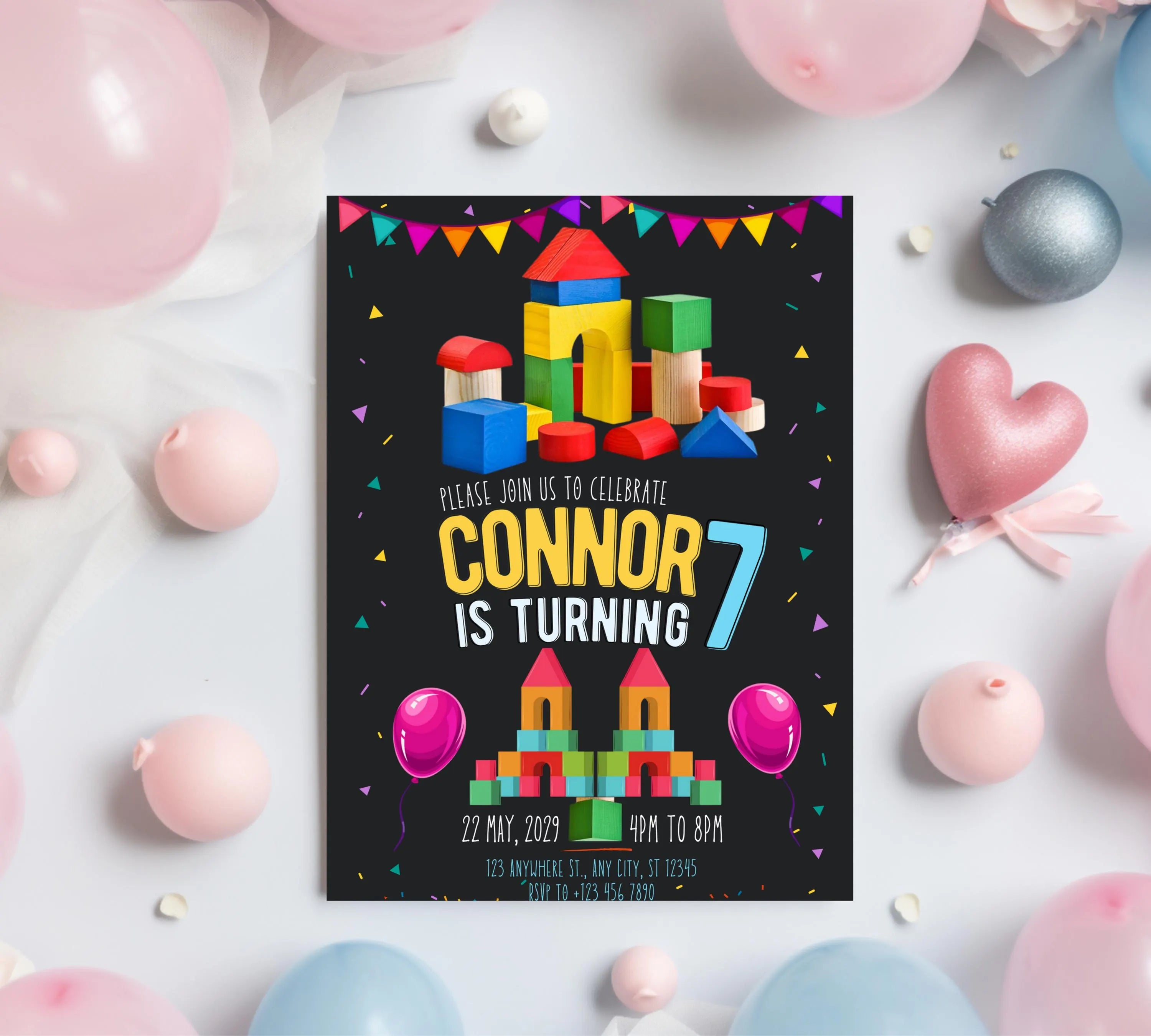 Building Blocks Birthday Invitation | Construction Theme Party Evite | Blocks Birthday Invitation| Building Bricks Invite| Editable Template