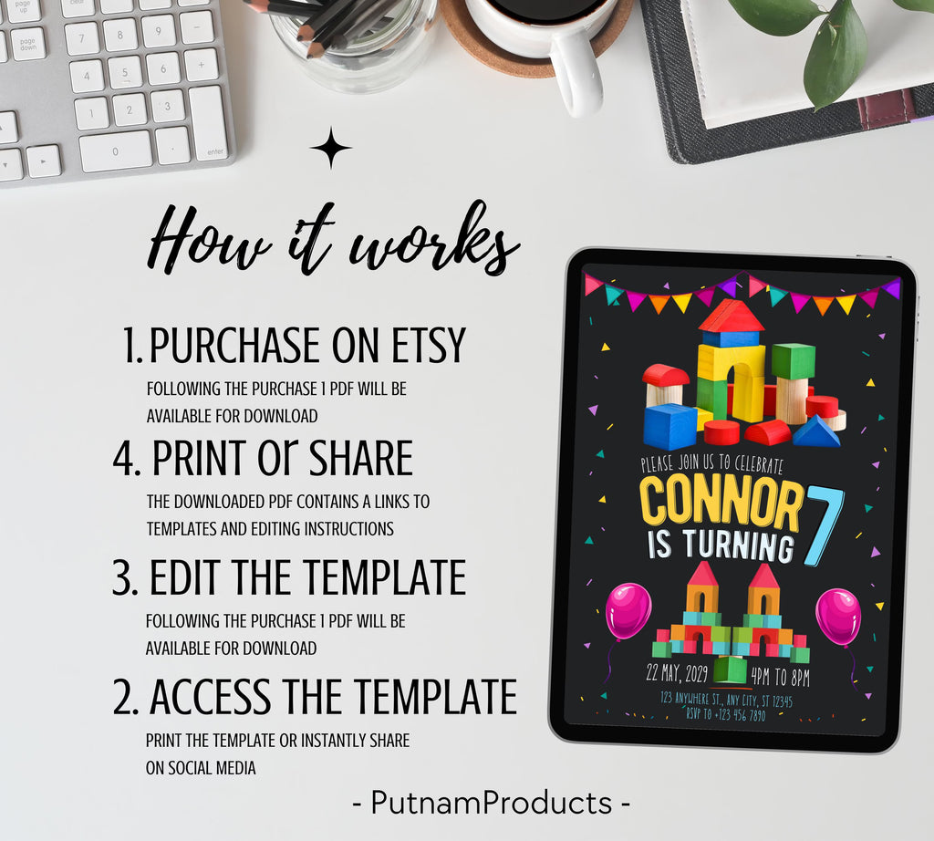 Building Blocks Birthday Invitation | Construction Theme Party Evite | Blocks Birthday Invitation| Building Bricks Invite| Editable Template