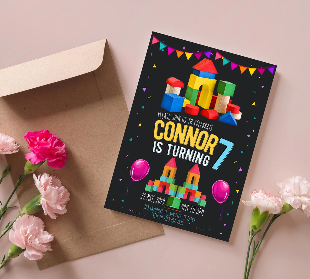 Building Blocks Birthday Invitation | Construction Theme Party Evite | Blocks Birthday Invitation| Building Bricks Invite| Editable Template