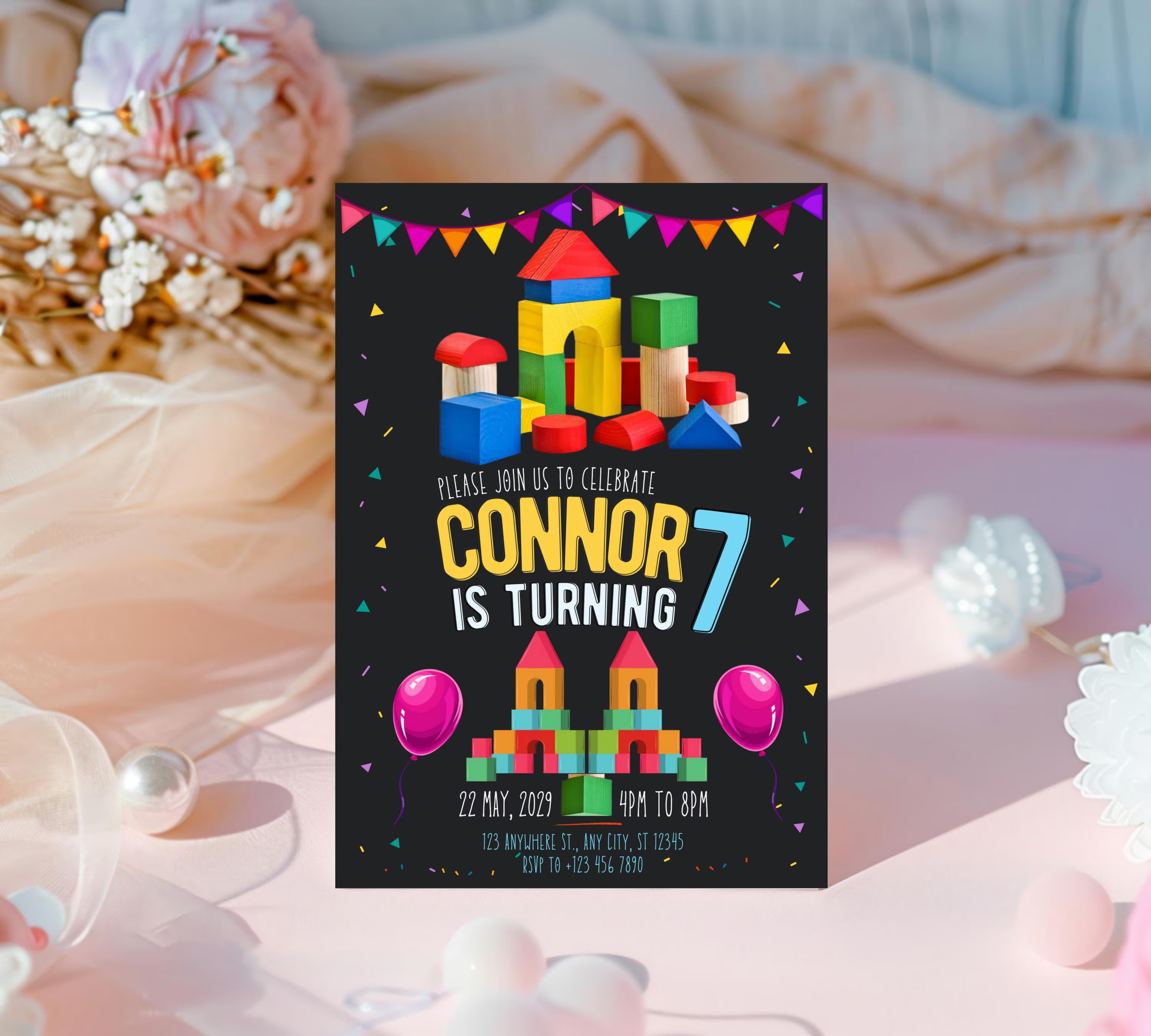 Building Blocks Birthday Invitation | Construction Theme Party Evite | Blocks Birthday Invitation| Building Bricks Invite| Editable Template