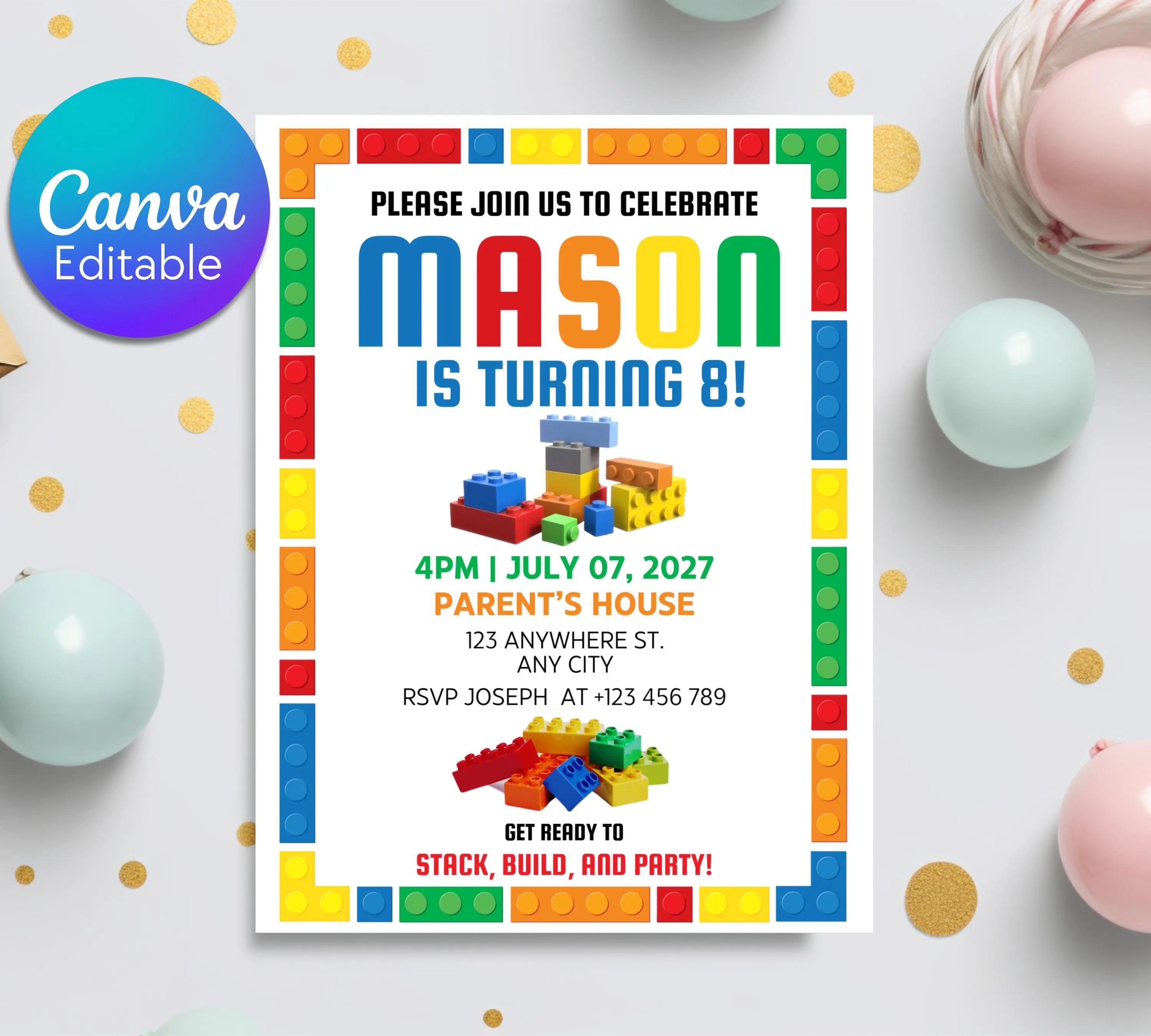 Editable Birthday Party Invitation| Digital Invitation| Instant Download Evite| Building Bricks Birthday Boy Invitation| Editable Template