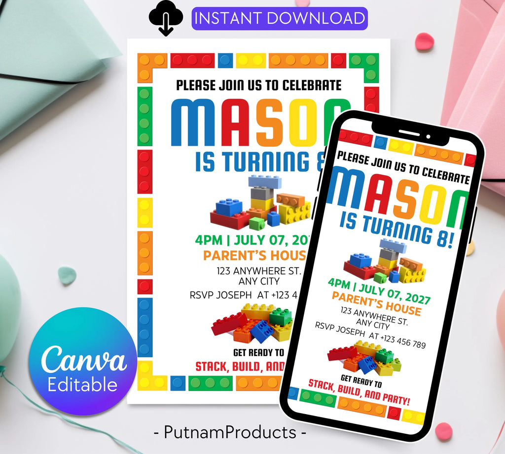 Editable Birthday Party Invitation| Digital Invitation| Instant Download Evite| Building Bricks Birthday Boy Invitation| Editable Template