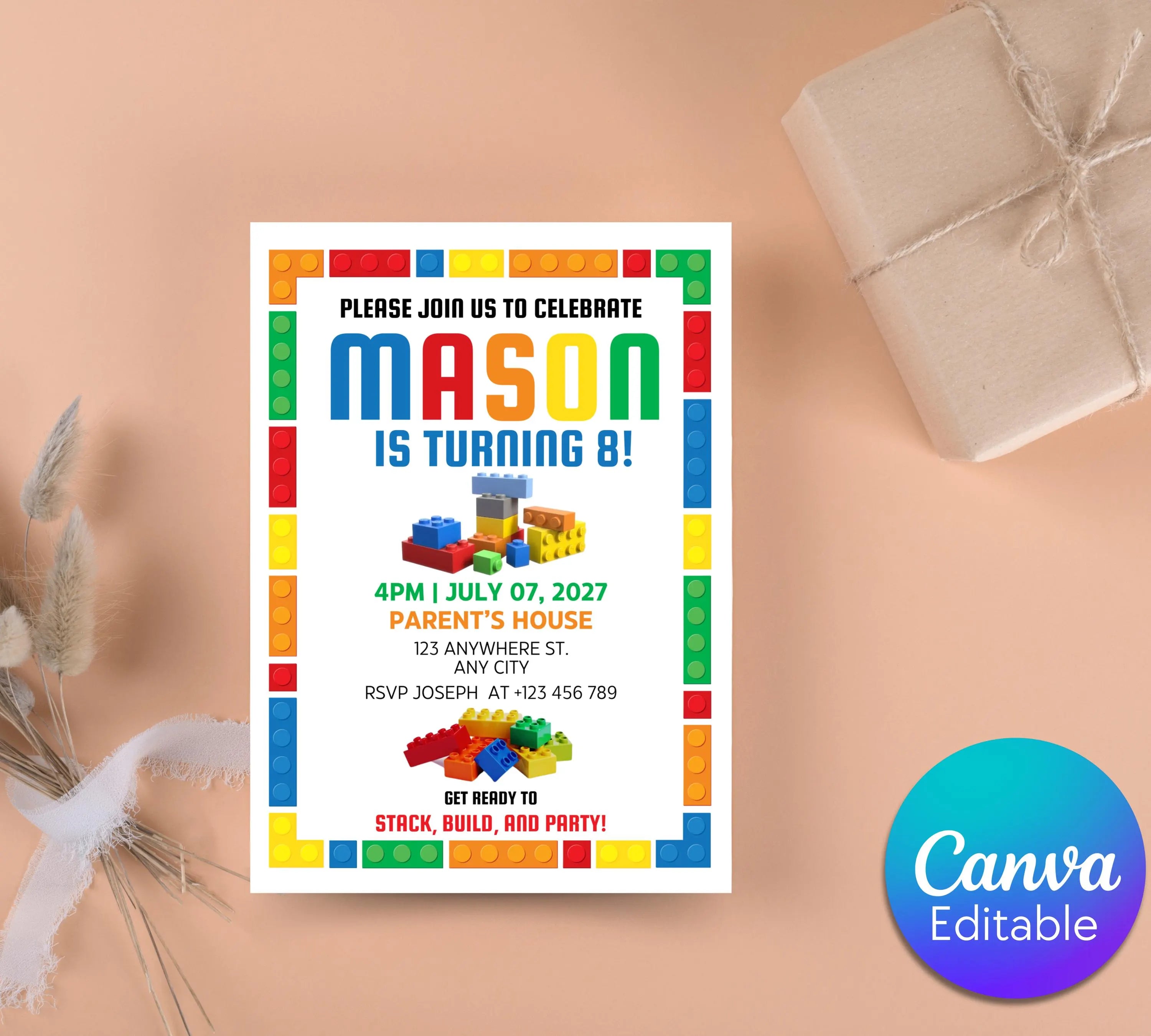 Editable Birthday Party Invitation| Digital Invitation| Instant Download Evite| Building Bricks Birthday Boy Invitation| Editable Template