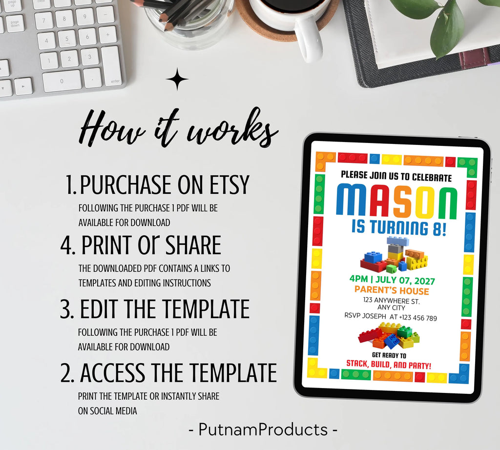 Editable Birthday Party Invitation| Digital Invitation| Instant Download Evite| Building Bricks Birthday Boy Invitation| Editable Template