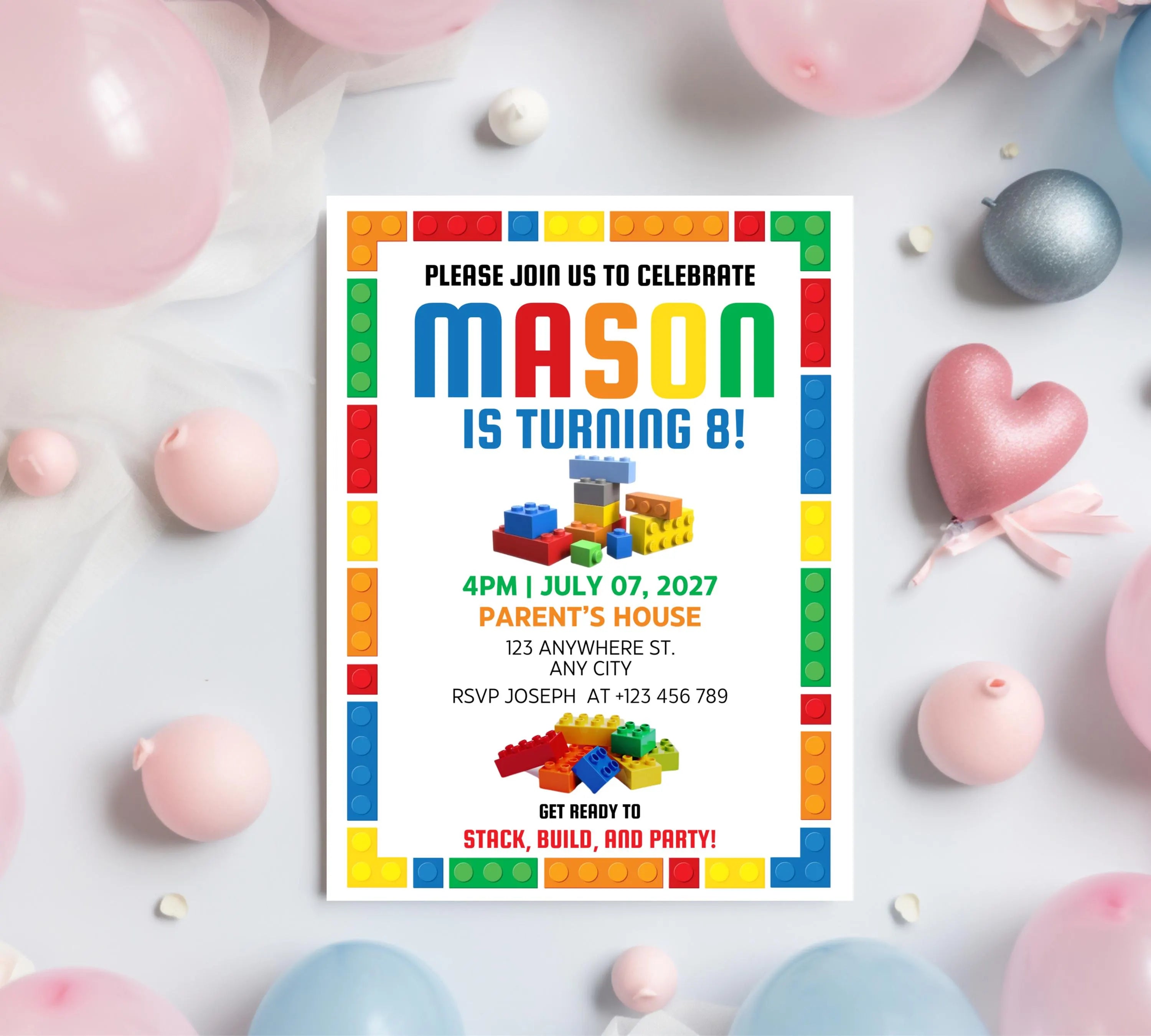 Editable Birthday Party Invitation| Digital Invitation| Instant Download Evite| Building Bricks Birthday Boy Invitation| Editable Template