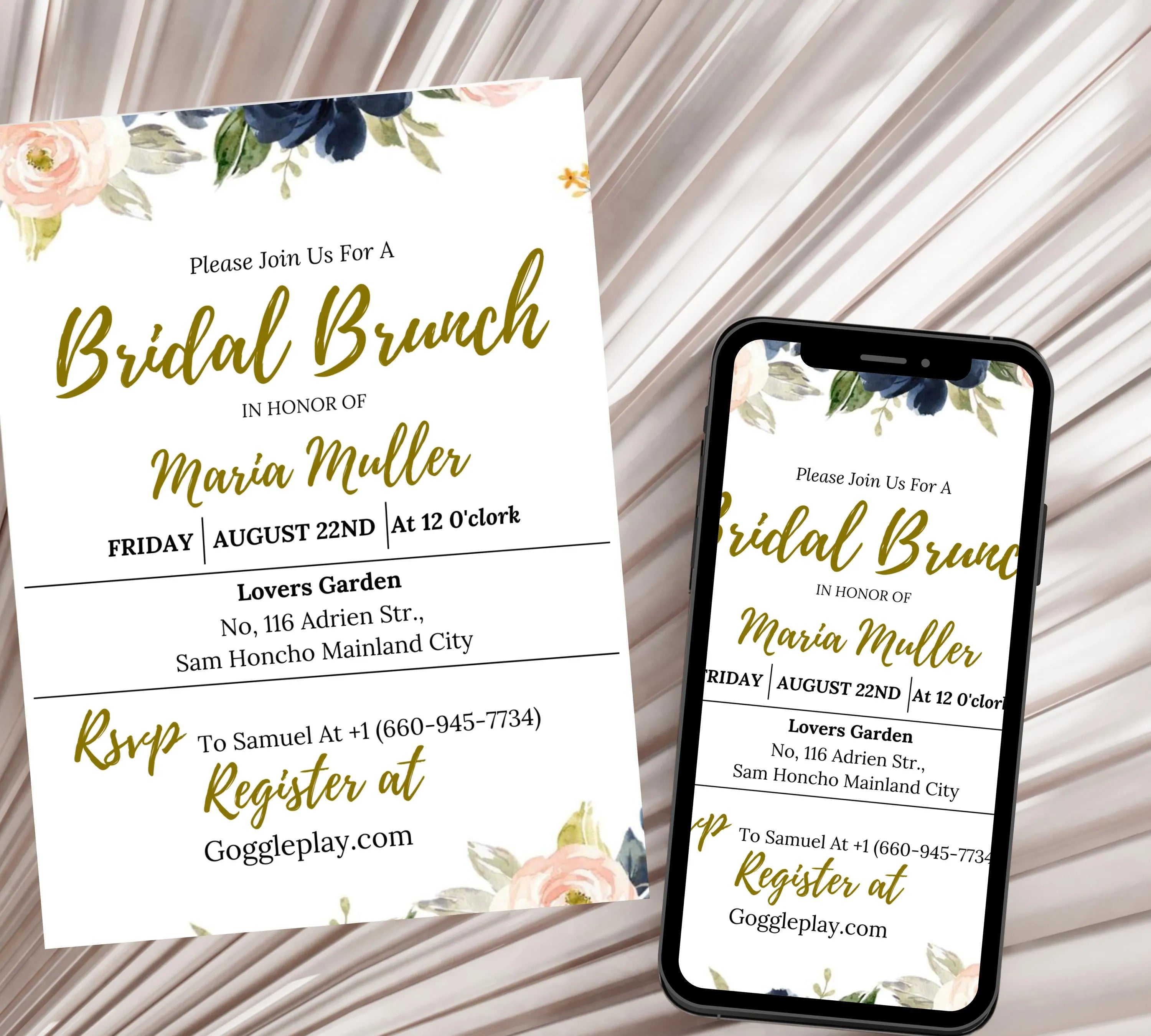 Navy and Blush Bridal Shower invitation Template, Floral Wedding Shower Invite, Printable Bridal Shower Invitation, Garden Bridal Shower