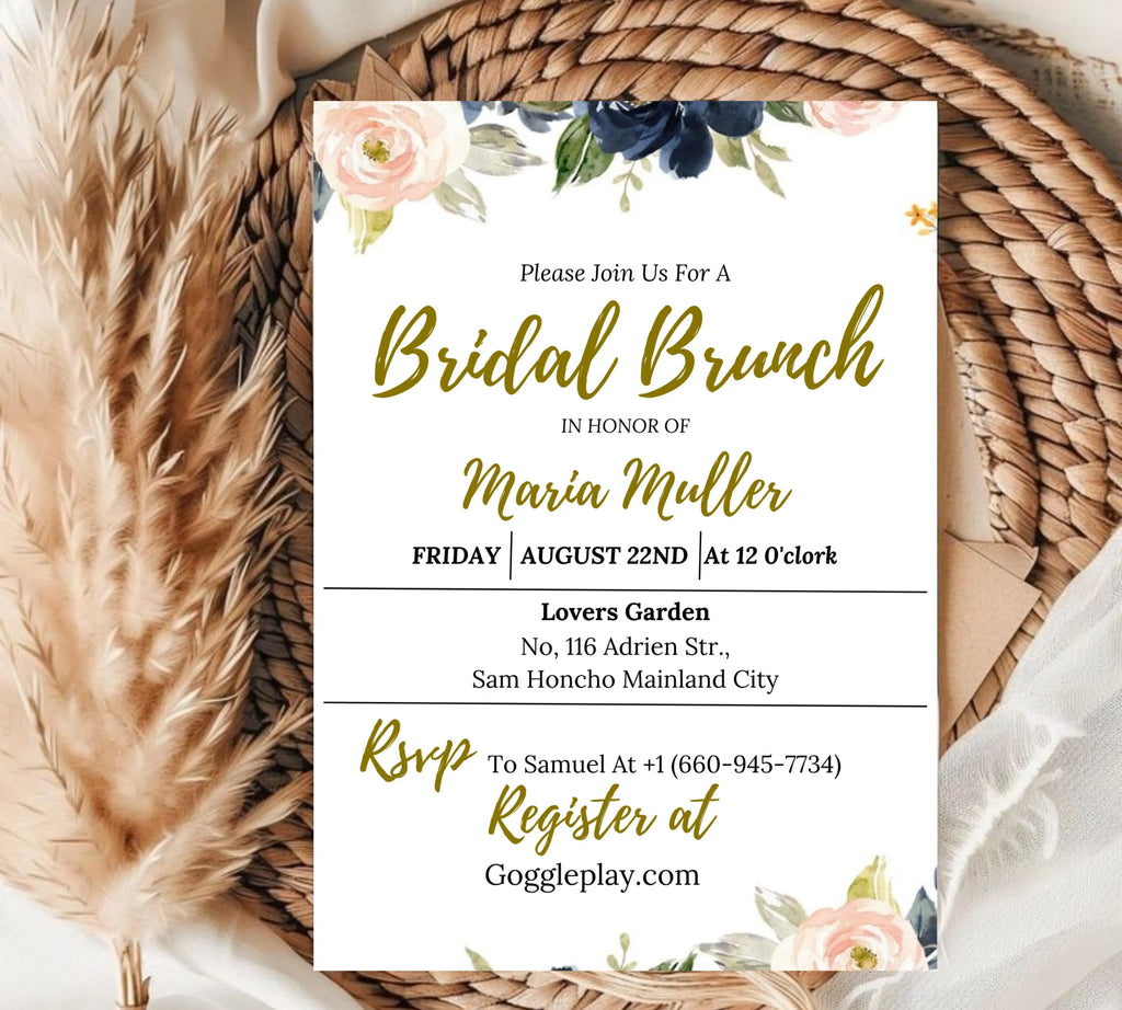 Navy and Blush Bridal Shower invitation Template, Floral Wedding Shower Invite, Printable Bridal Shower Invitation, Garden Bridal Shower