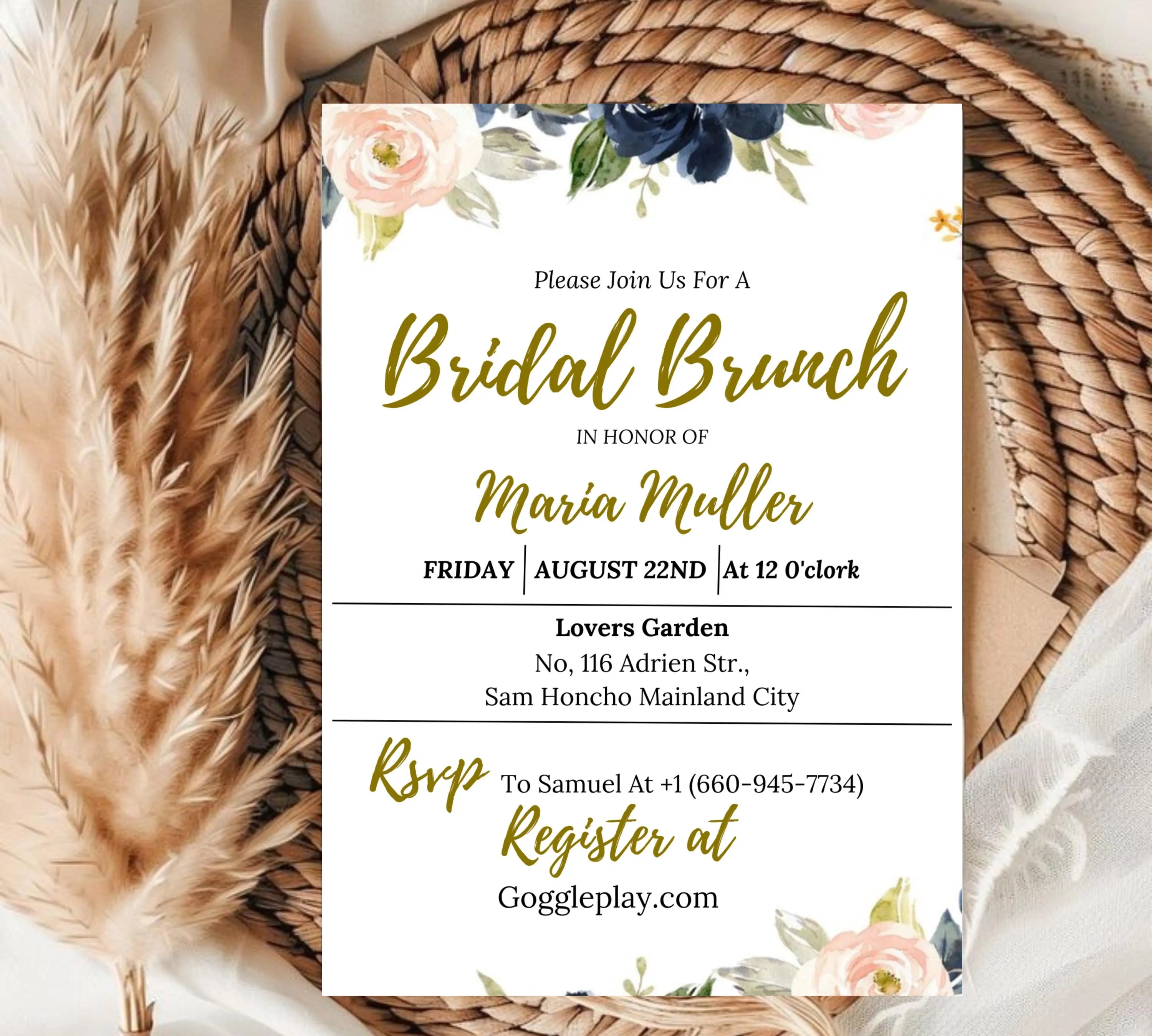 Navy and Blush Bridal Shower invitation Template, Floral Wedding Shower Invite, Printable Bridal Shower Invitation, Garden Bridal Shower