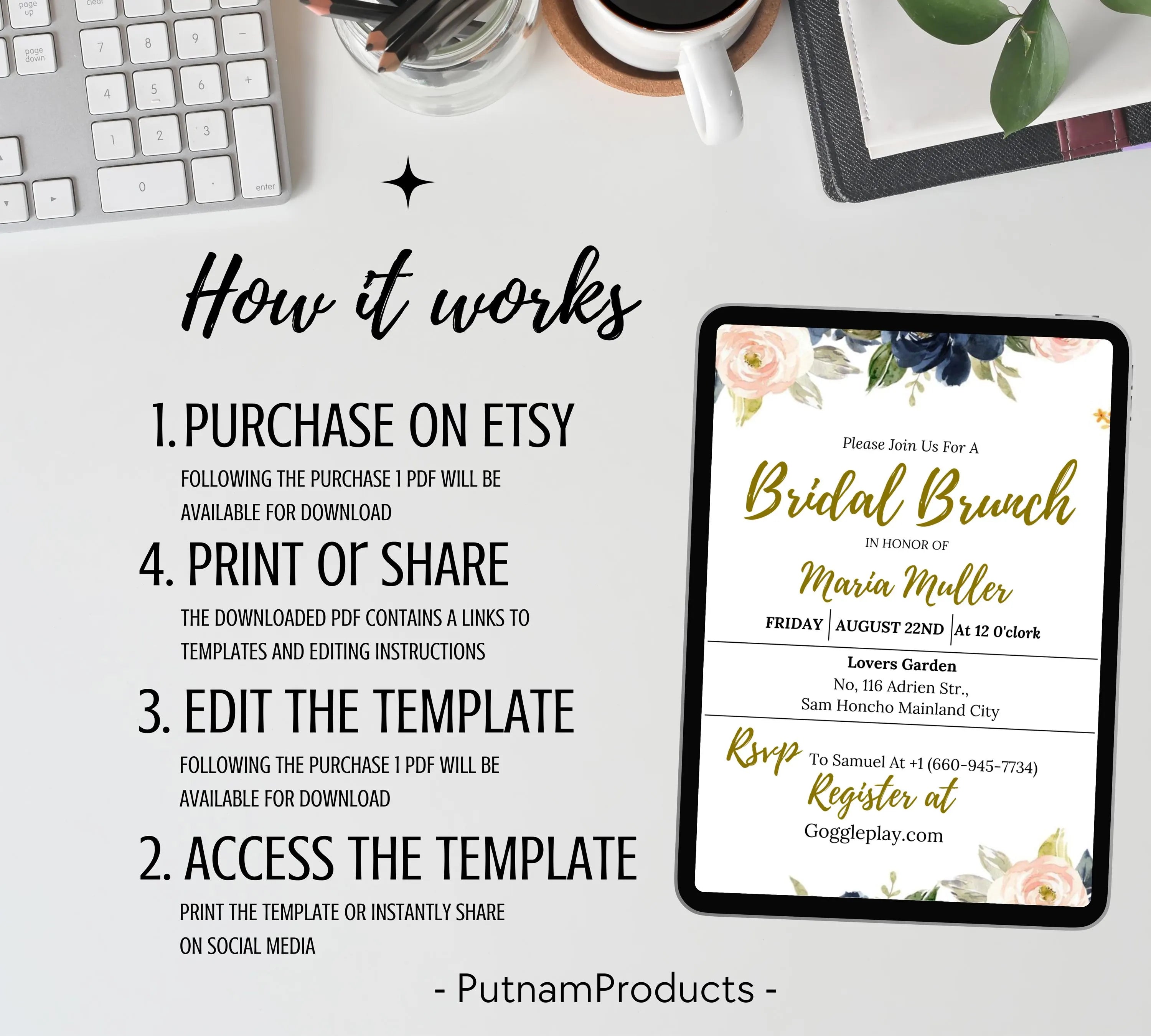 Navy and Blush Bridal Shower invitation Template, Floral Wedding Shower Invite, Printable Bridal Shower Invitation, Garden Bridal Shower