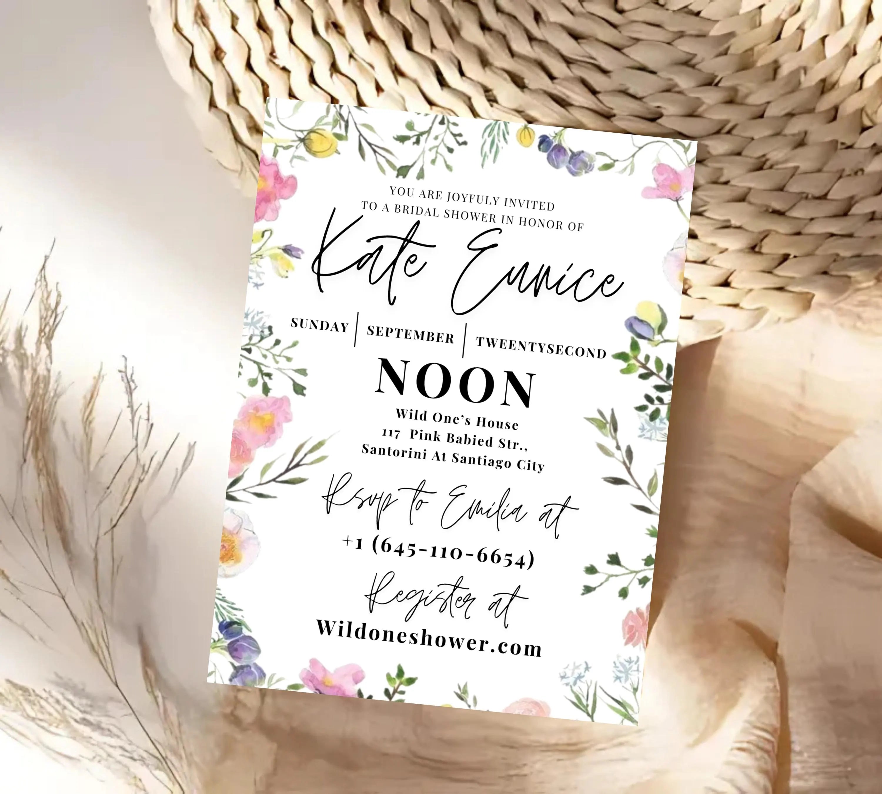 Kathleen Watercolor Bridal Shower invitation, Floral Wildflower Border, Kathleen Watercolor Wildflower Bridal Shower Invitation