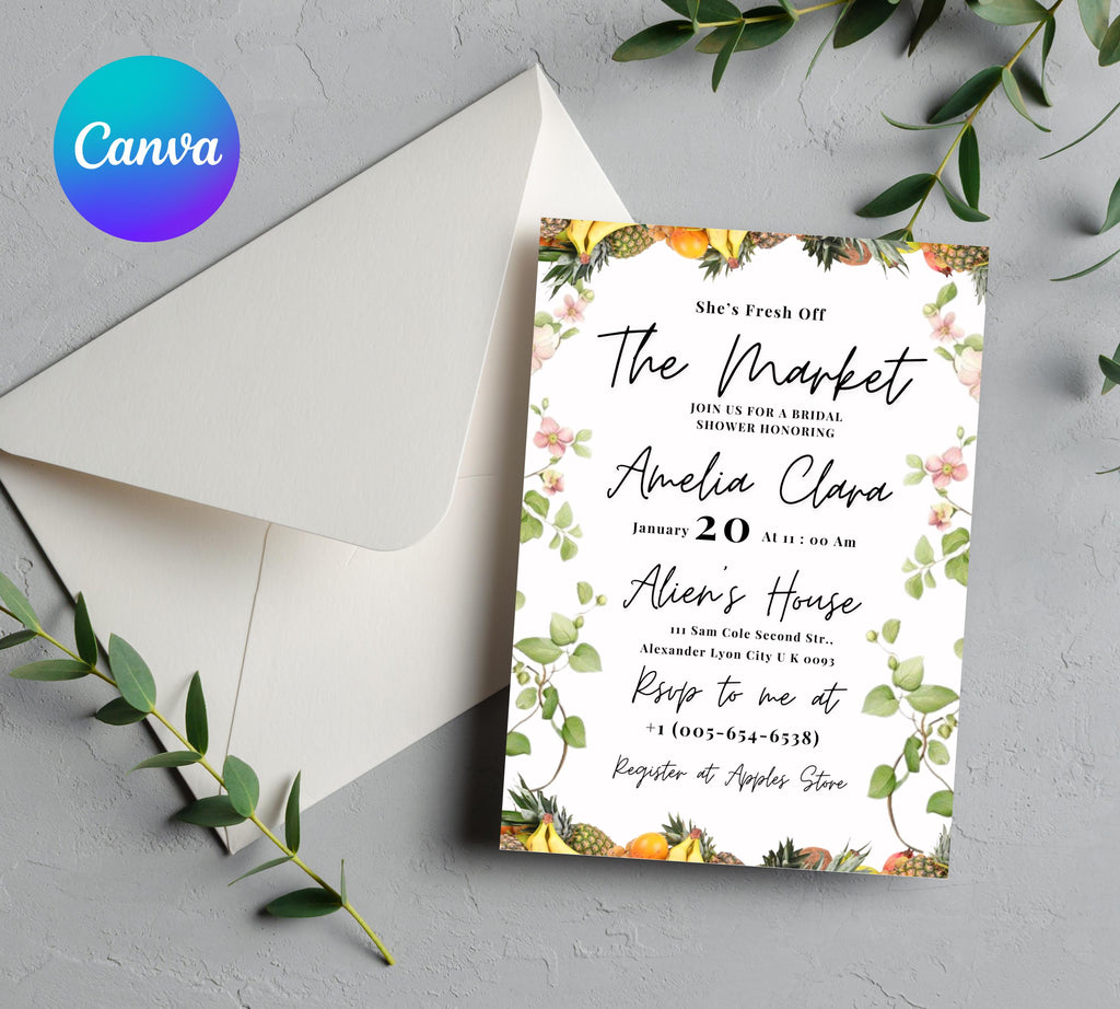 Editable Fresh off the Market Bridal Shower invitation Template,  DIY Hand Drawn Farmer's Market Wedding Shower Invite, Bridal Shower invite