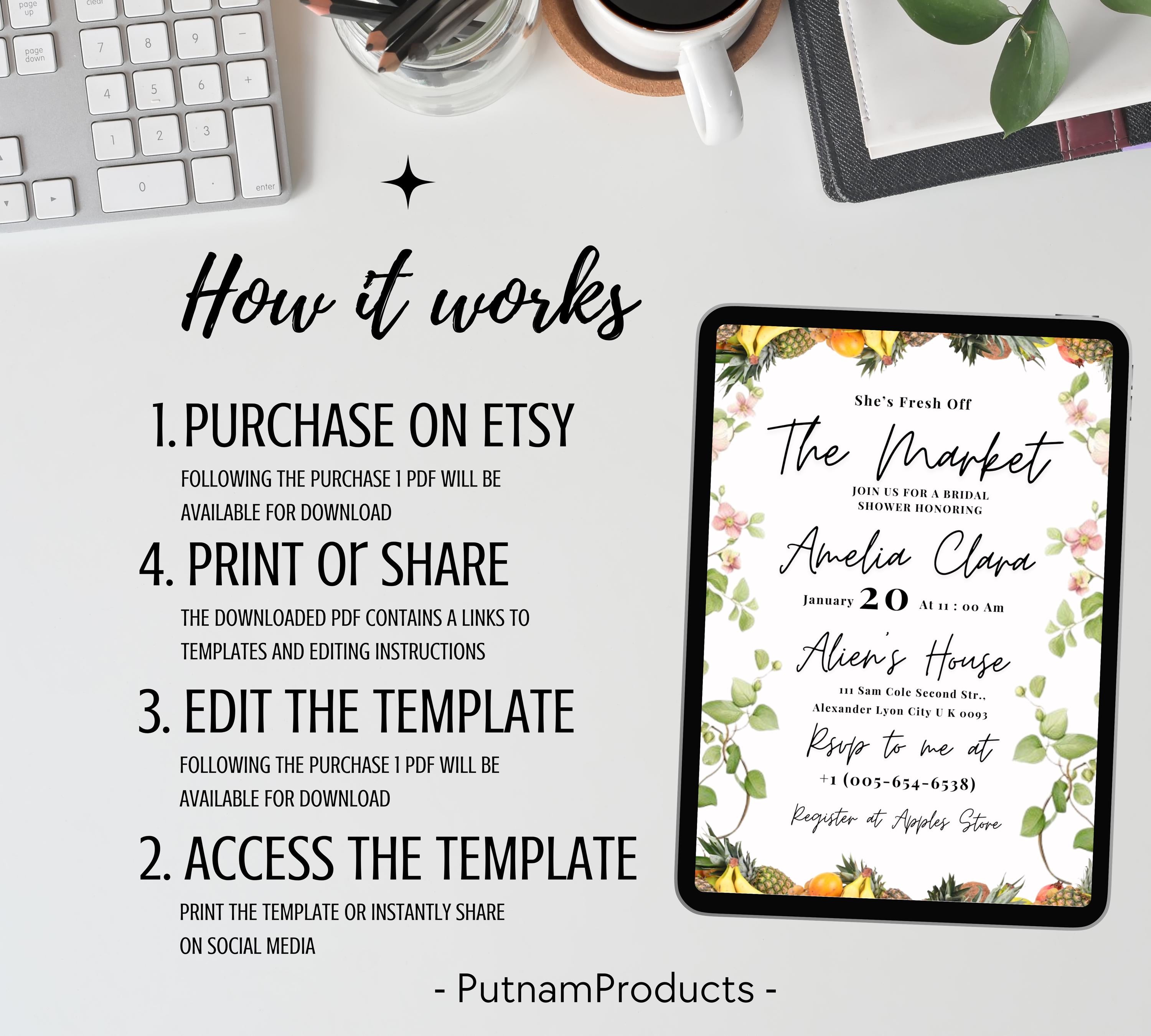 Editable Fresh off the Market Bridal Shower invitation Template,  DIY Hand Drawn Farmer's Market Wedding Shower Invite, Bridal Shower invite