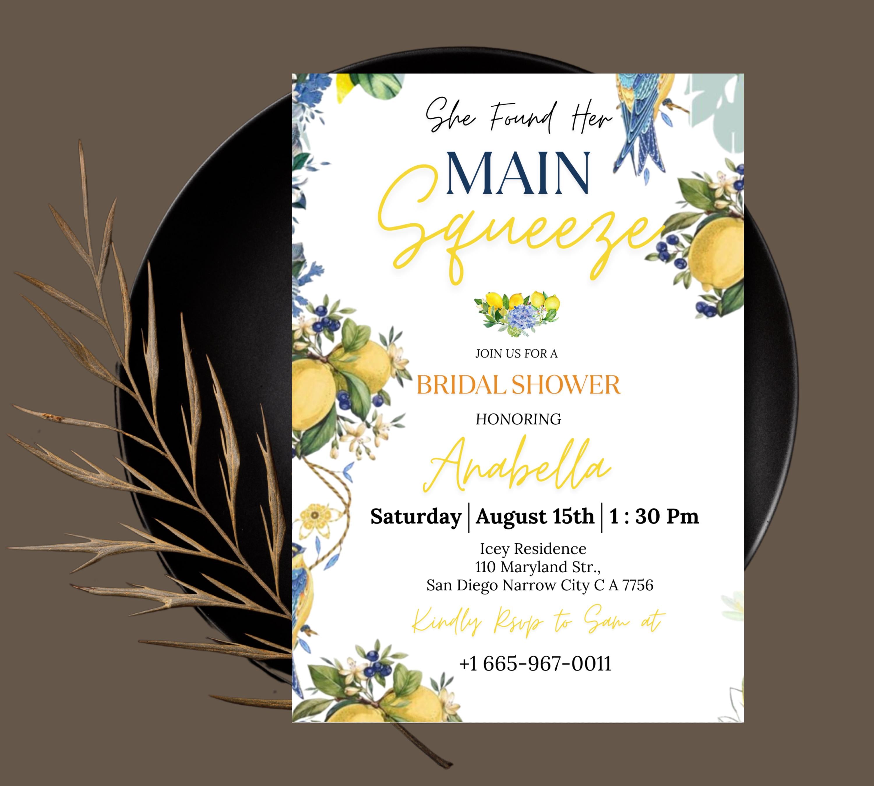 Editable Lemon Bridal Shower Invitation, Main Squeeze Bridal Shower Invite Mediterranean Blue Floral Citrus Bridal Brunch
