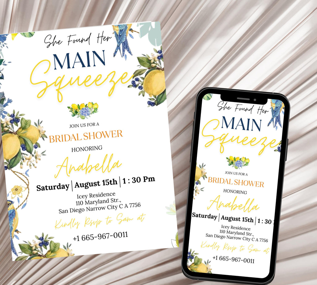Editable Lemon Bridal Shower Invitation, Main Squeeze Bridal Shower Invite Mediterranean Blue Floral Citrus Bridal Brunch