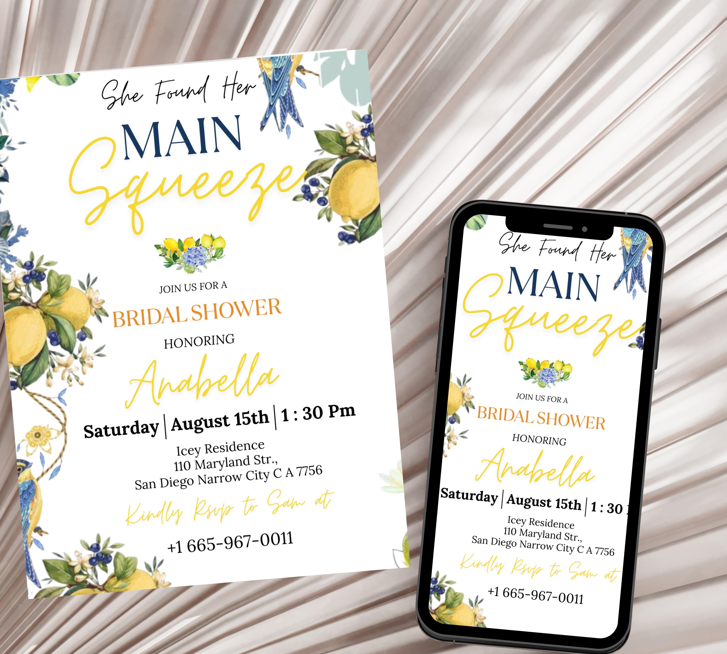 Editable Lemon Bridal Shower Invitation, Main Squeeze Bridal Shower Invite Mediterranean Blue Floral Citrus Bridal Brunch