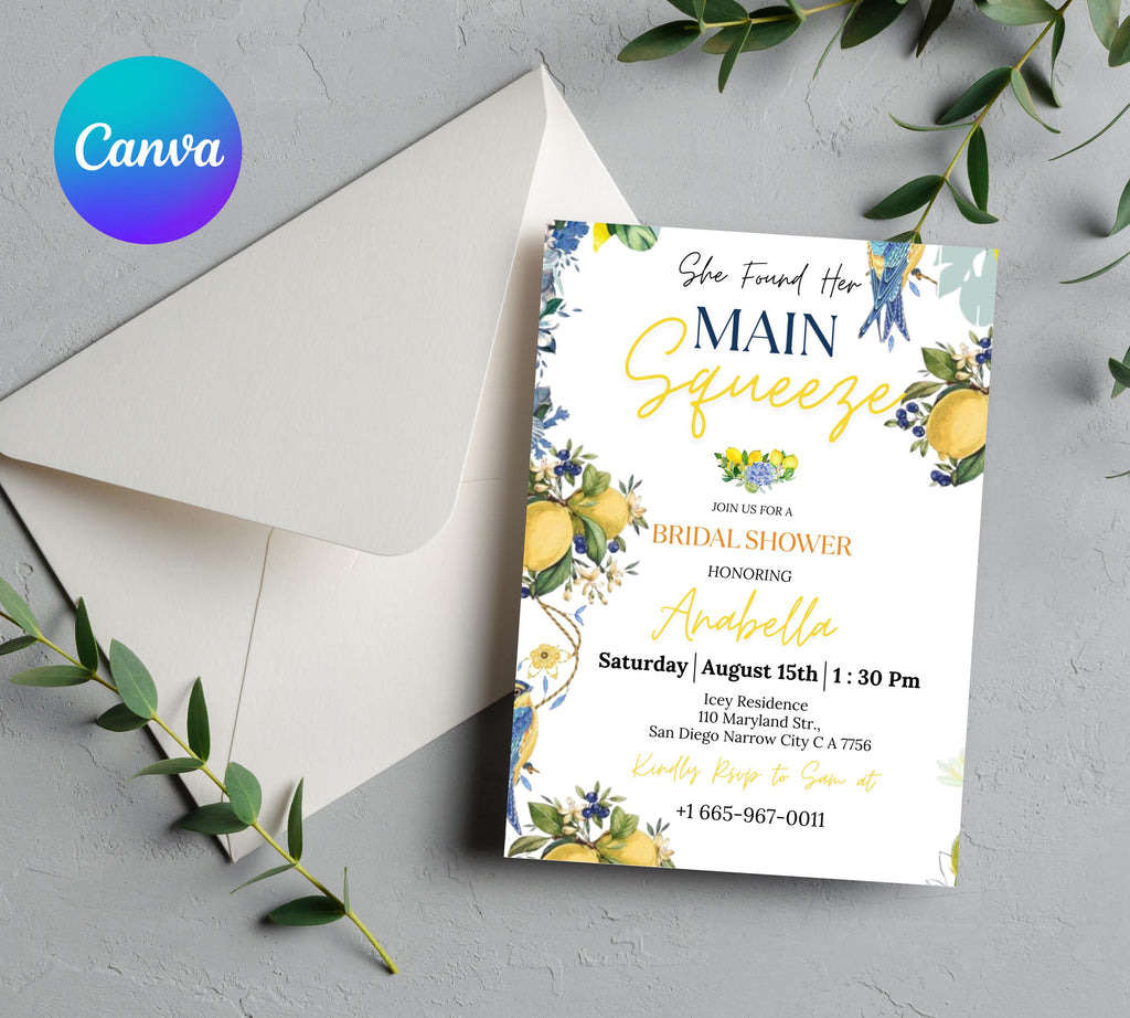 Editable Lemon Bridal Shower Invitation, Main Squeeze Bridal Shower Invite Mediterranean Blue Floral Citrus Bridal Brunch