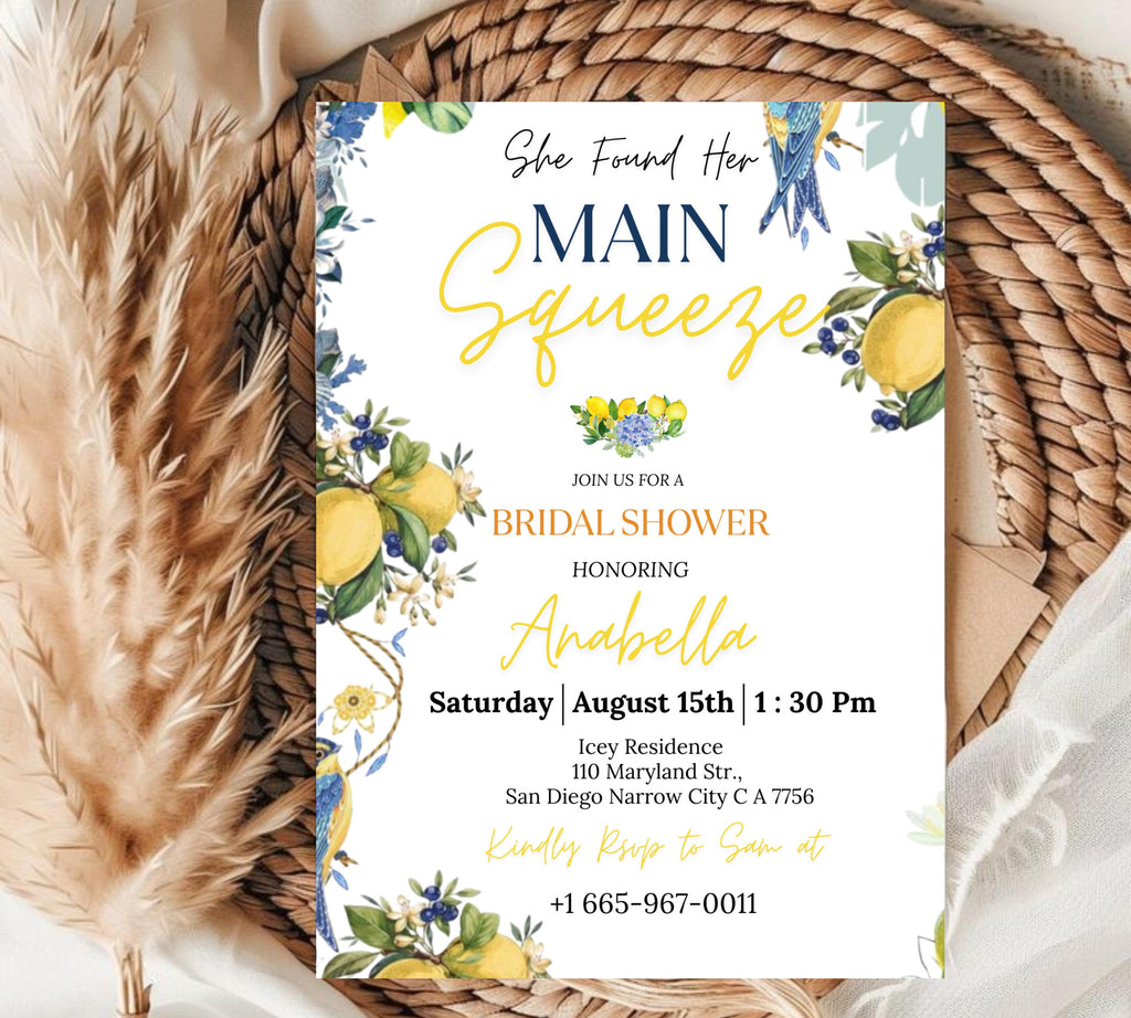 Editable Lemon Bridal Shower Invitation, Main Squeeze Bridal Shower Invite Mediterranean Blue Floral Citrus Bridal Brunch