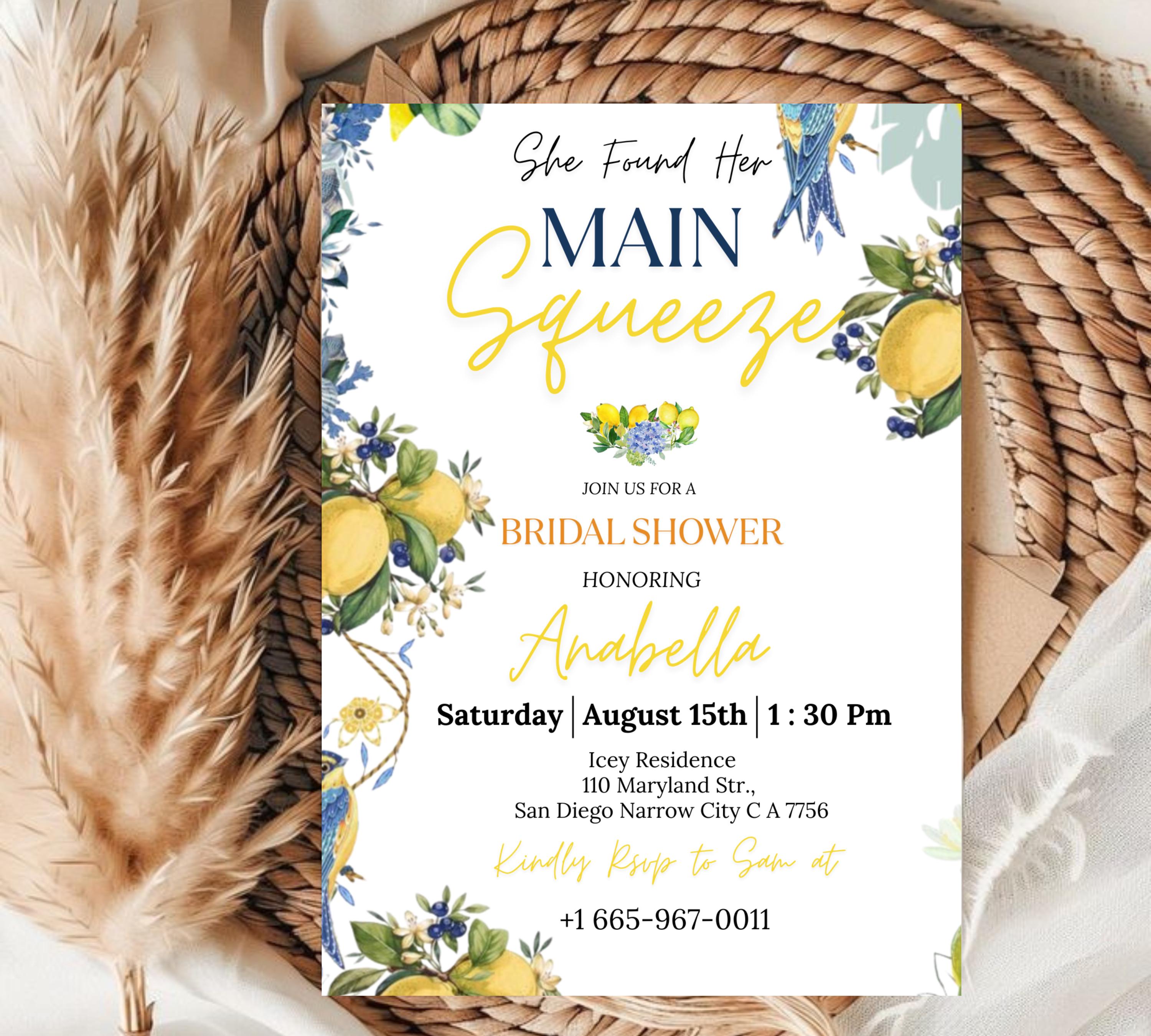 Editable Lemon Bridal Shower Invitation, Main Squeeze Bridal Shower Invite Mediterranean Blue Floral Citrus Bridal Brunch