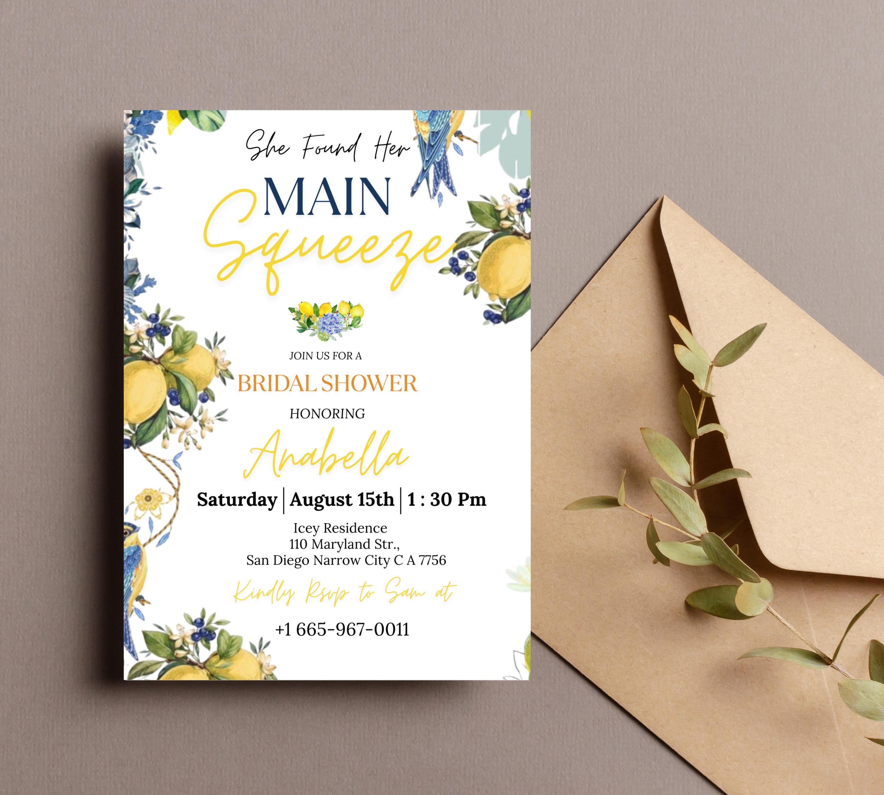 Editable Lemon Bridal Shower Invitation, Main Squeeze Bridal Shower Invite Mediterranean Blue Floral Citrus Bridal Brunch