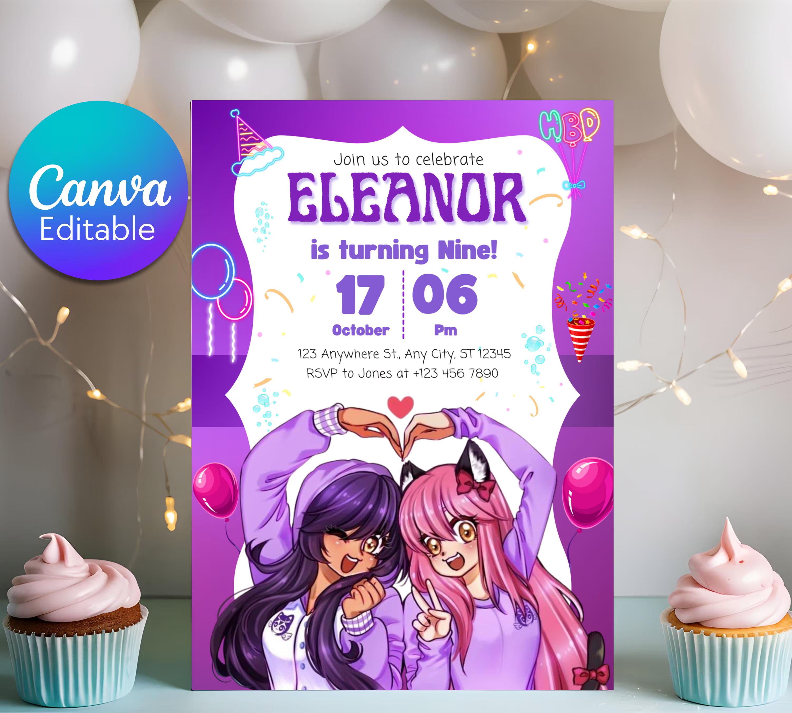Aphmau Birthday Invitation| Printable Kids Invitation| Birthday Girl Invitation| Purple Theme Birthday invitation| purple Editable Template