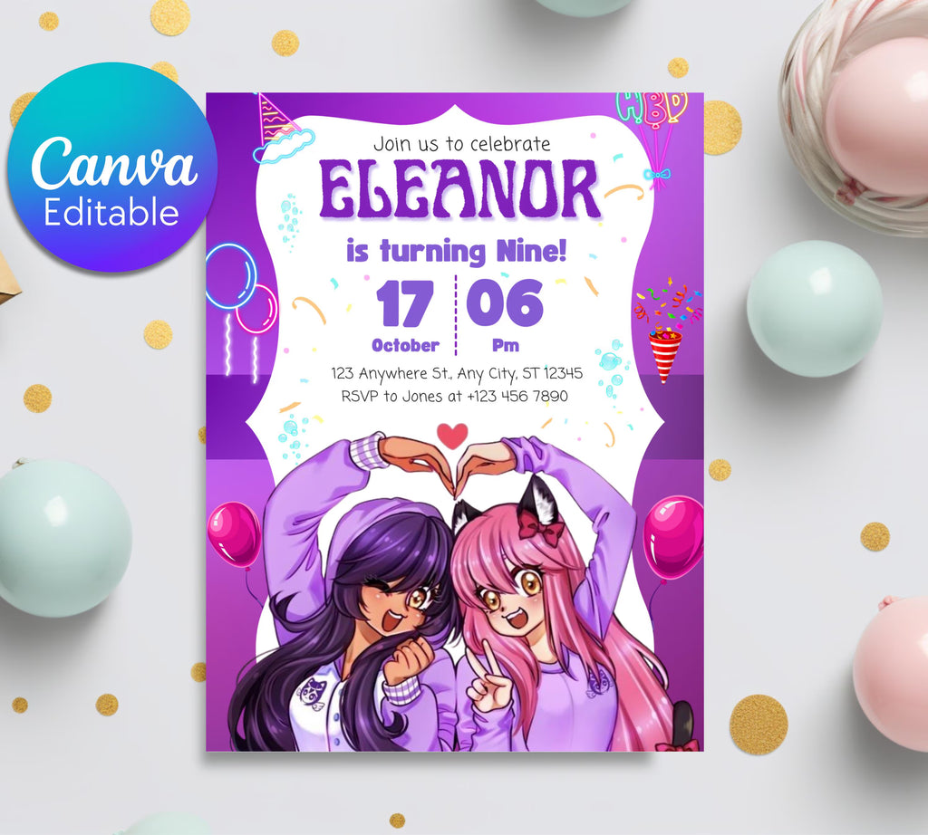 Aphmau Birthday Invitation| Printable Kids Invitation| Birthday Girl Invitation| Purple Theme Birthday invitation| purple Editable Template