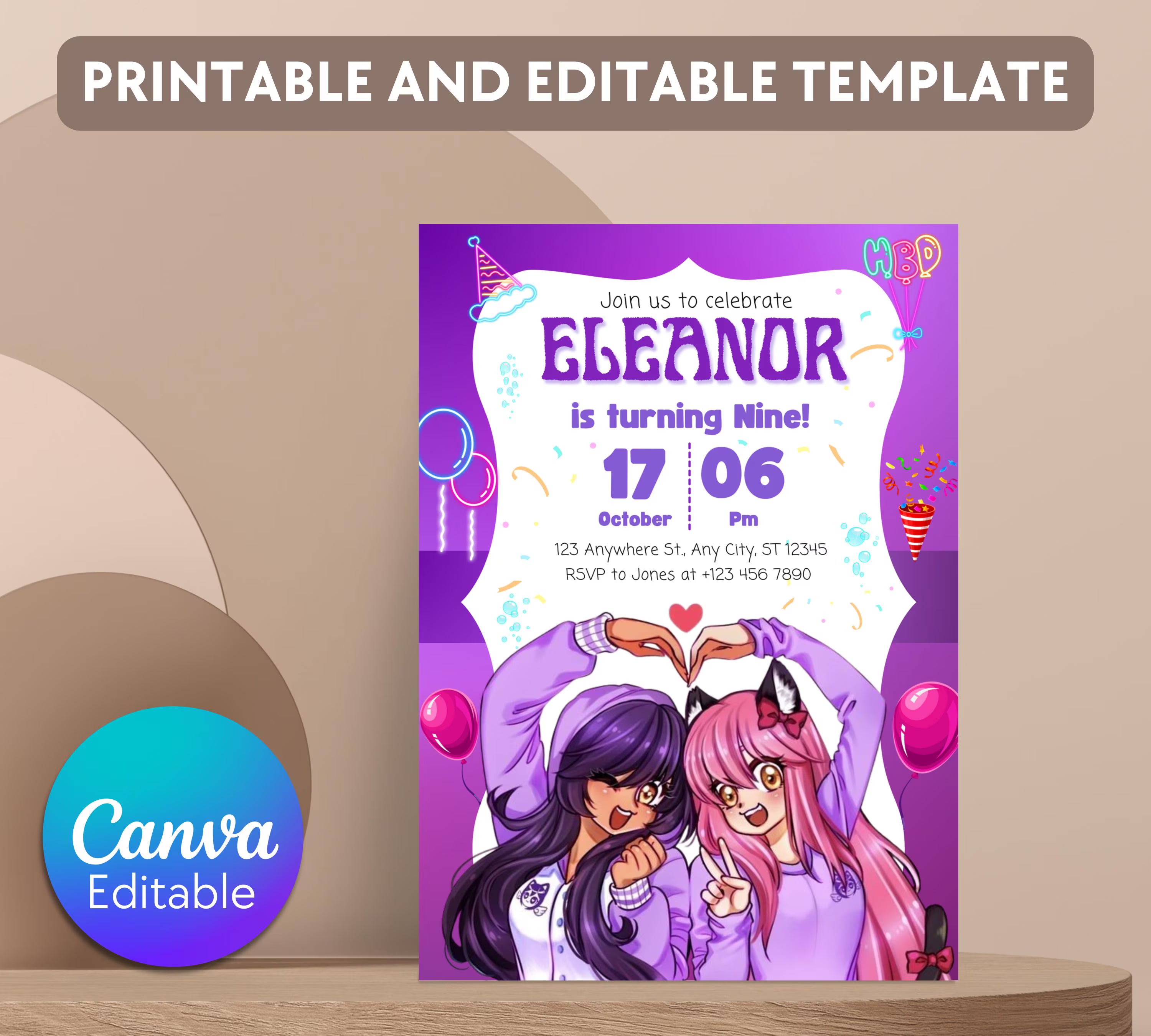 Aphmau Birthday Invitation| Printable Kids Invitation| Birthday Girl Invitation| Purple Theme Birthday invitation| purple Editable Template