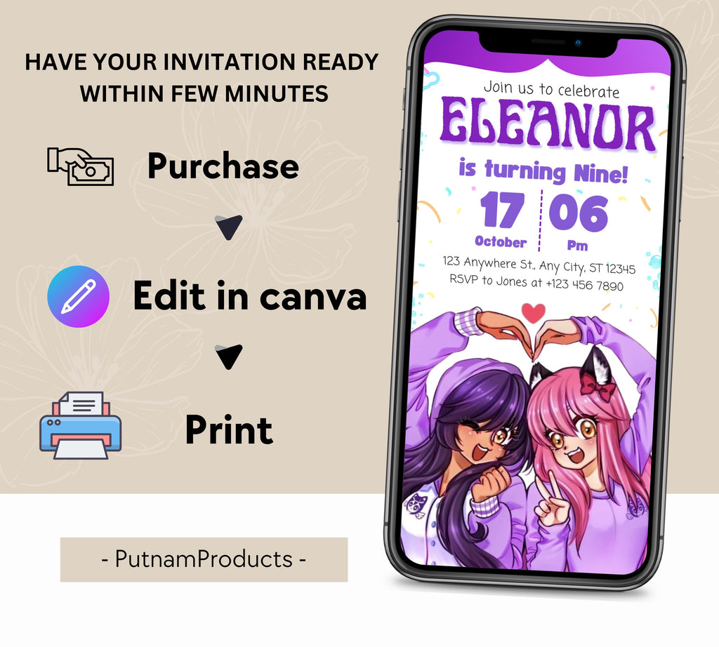 Aphmau Birthday Invitation| Printable Kids Invitation| Birthday Girl Invitation| Purple Theme Birthday invitation| purple Editable Template