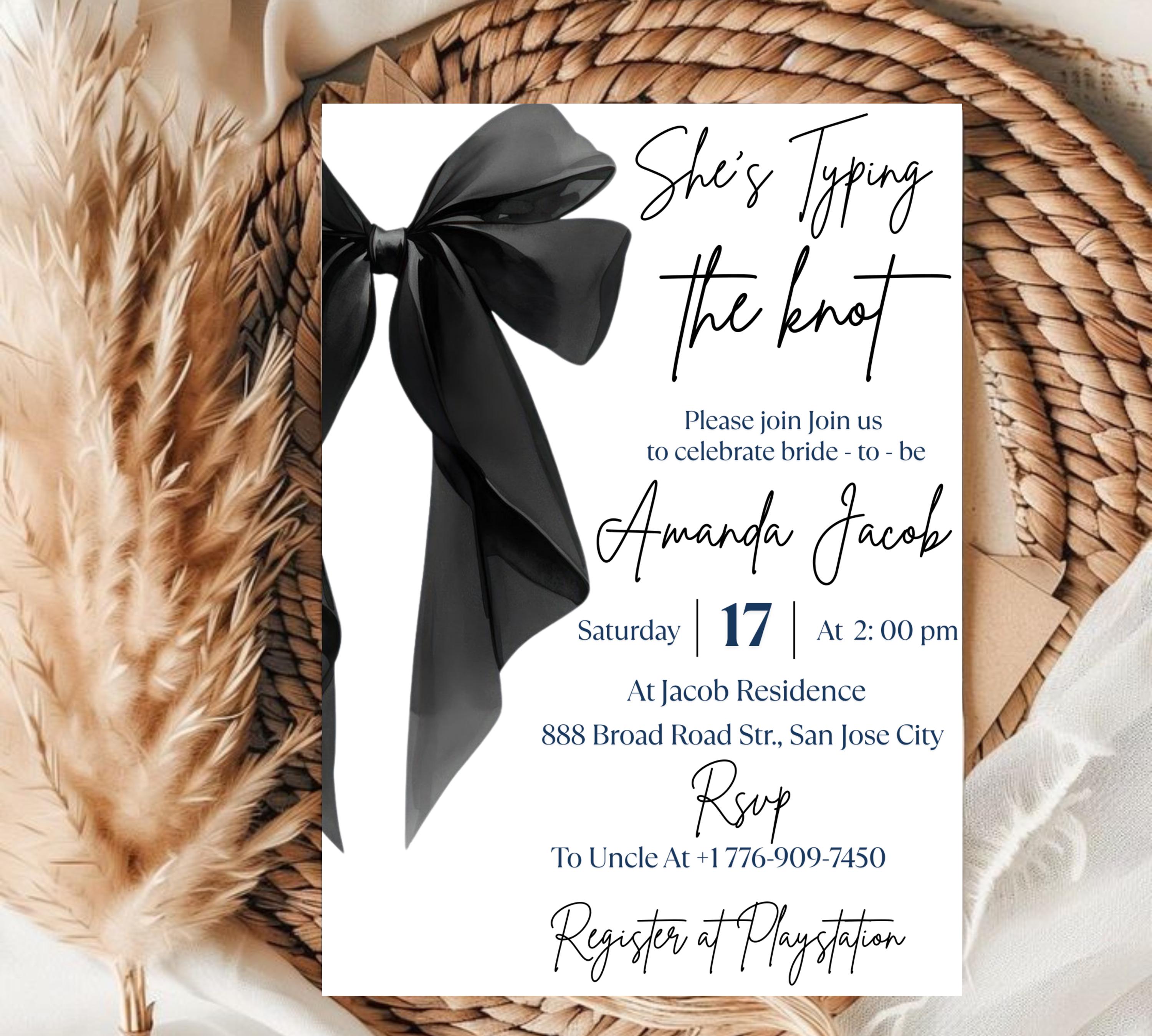 Editable She's Tying the Knot Bridal Shower Invitation Template, Minimalist Black Bow Bridal Shower Invite, Black Ribbon Wedding Shower