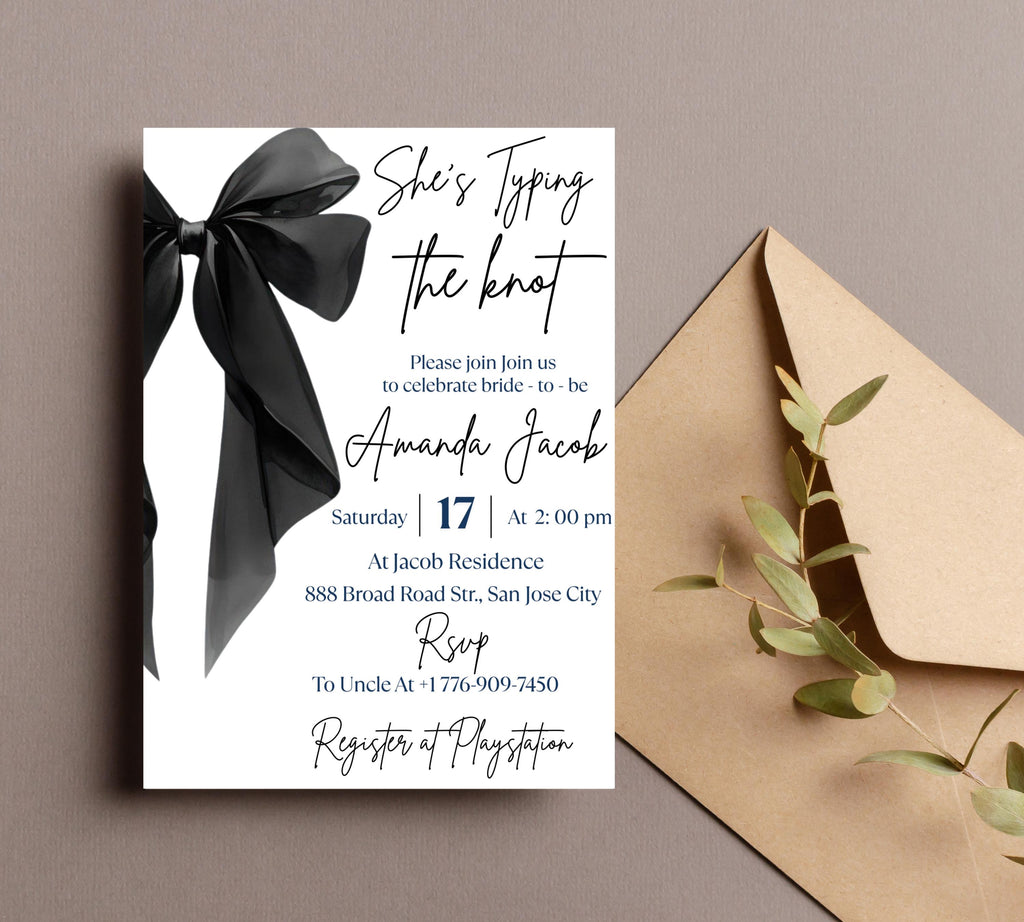 Editable She's Tying the Knot Bridal Shower Invitation Template, Minimalist Black Bow Bridal Shower Invite, Black Ribbon Wedding Shower